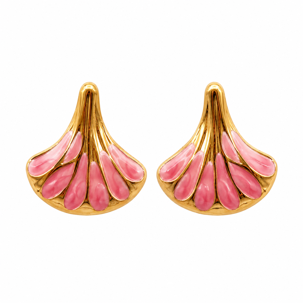Gold-tone fan shell stud earrings with glossy pink enamel, tropical beach jewelry for women
