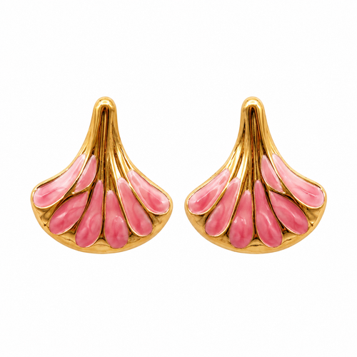 Gold-tone fan shell stud earrings with glossy pink enamel, tropical beach jewelry for women
