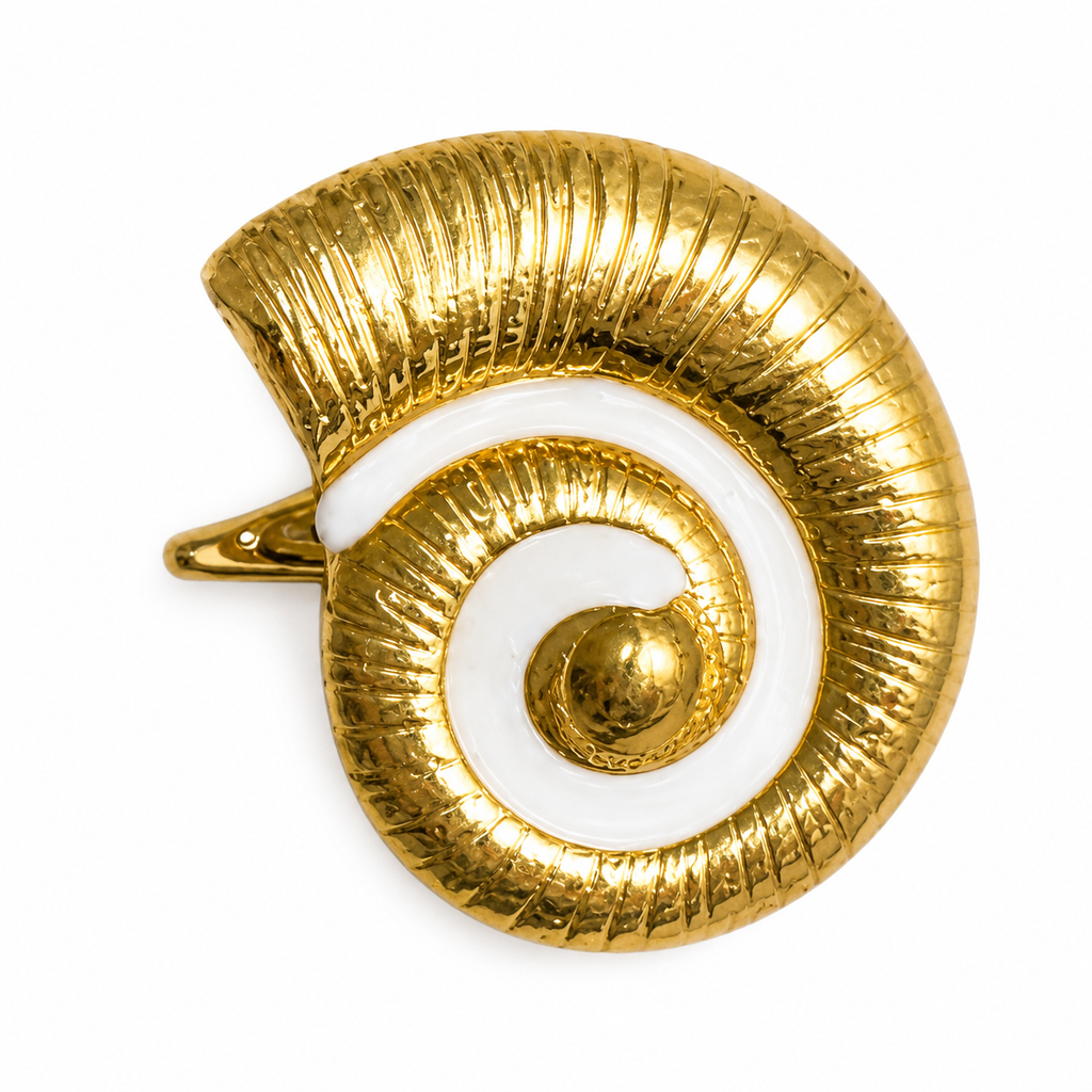 Pearl white glossy nautilus shell adjustable ring with raised spiral ridges and reflective gold-tone finish by Browniecherry
