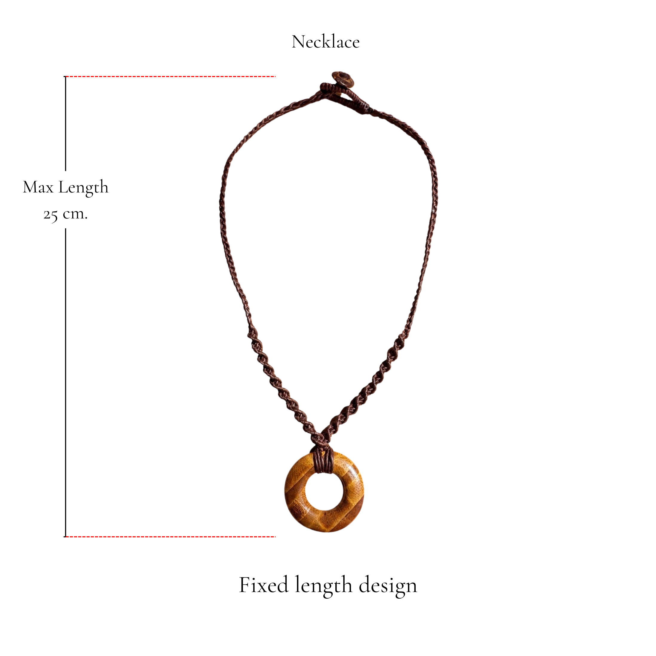 Browniecherry wooden ring pendant necklace with fixed 25 cm maximum length, lightweight design, and dark brown braided cord
