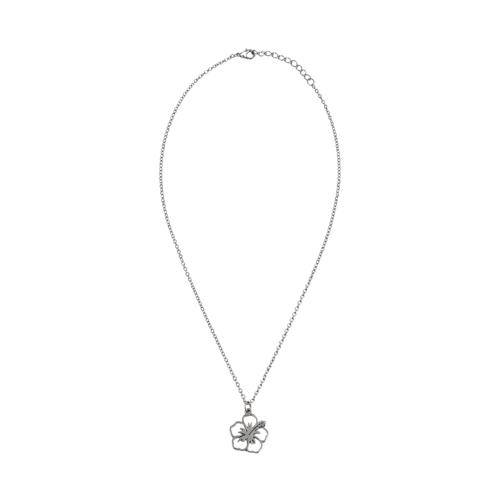 Silver adjustable necklace with a five-petal openwork hibiscus pendant, fine line details, and polished tropical design by Browniecherry
