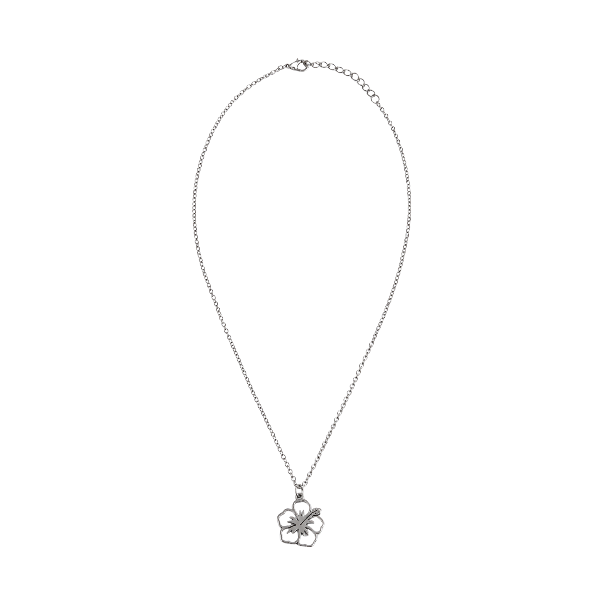 Silver adjustable necklace with a five-petal openwork hibiscus pendant, fine line details, and polished tropical design by Browniecherry
