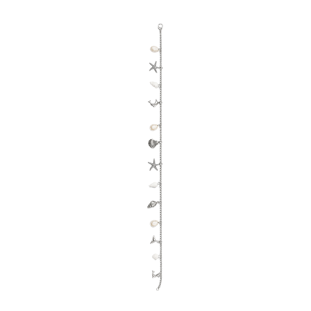 Silver adjustable waist chain with starfish, seashell, dolphin, whale-tail charms, and pearl-white coastal accents by Browniecherry
