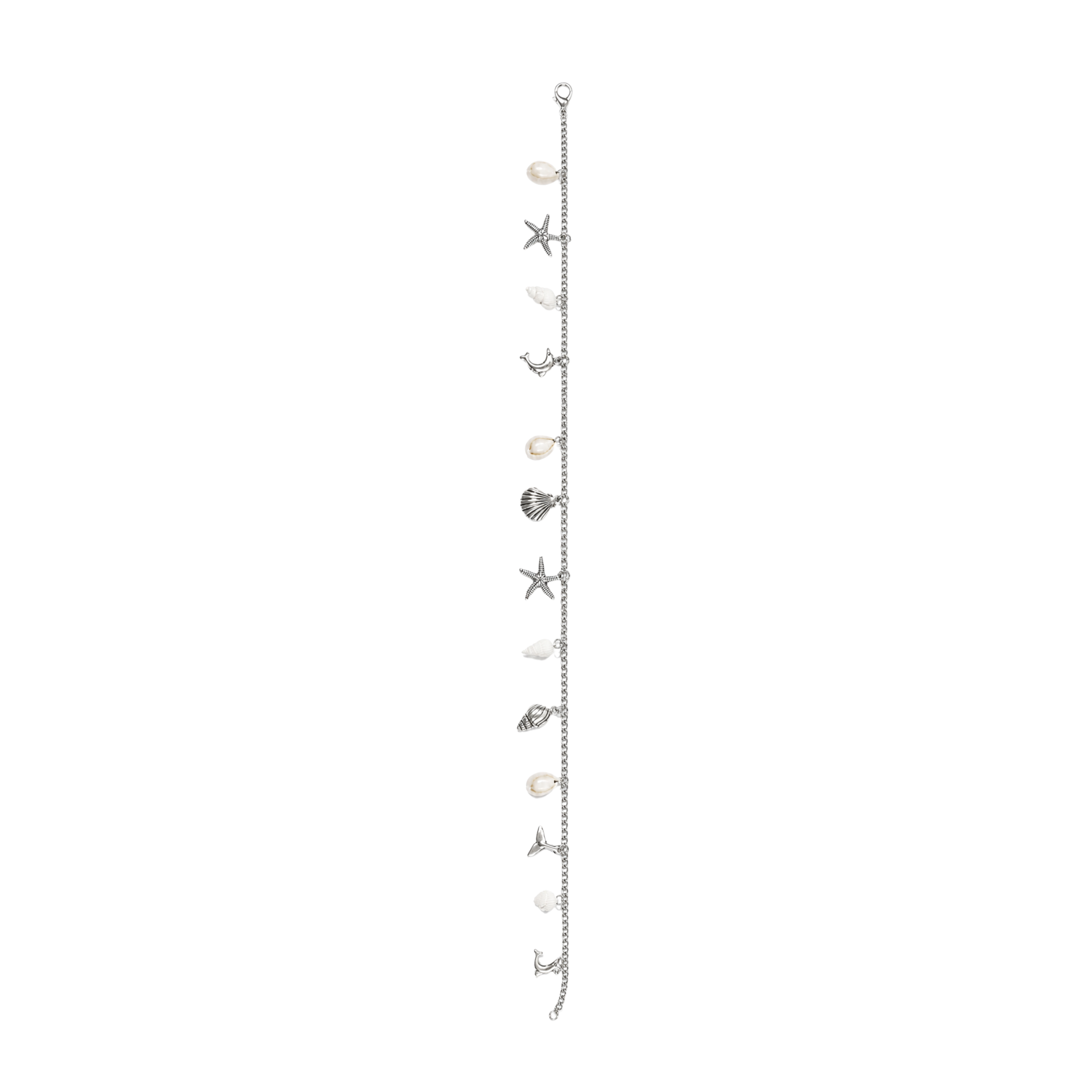 Silver adjustable waist chain with starfish, seashell, dolphin, whale-tail charms, and pearl-white coastal accents by Browniecherry
