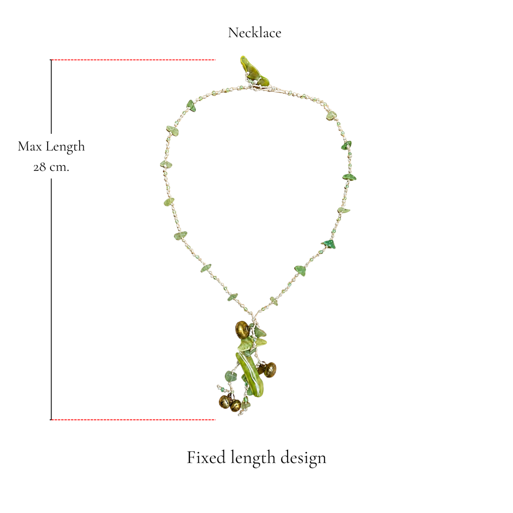 Browniecherry olive green beaded charm necklace with fixed 28 cm maximum length and lightweight hanging bell details
