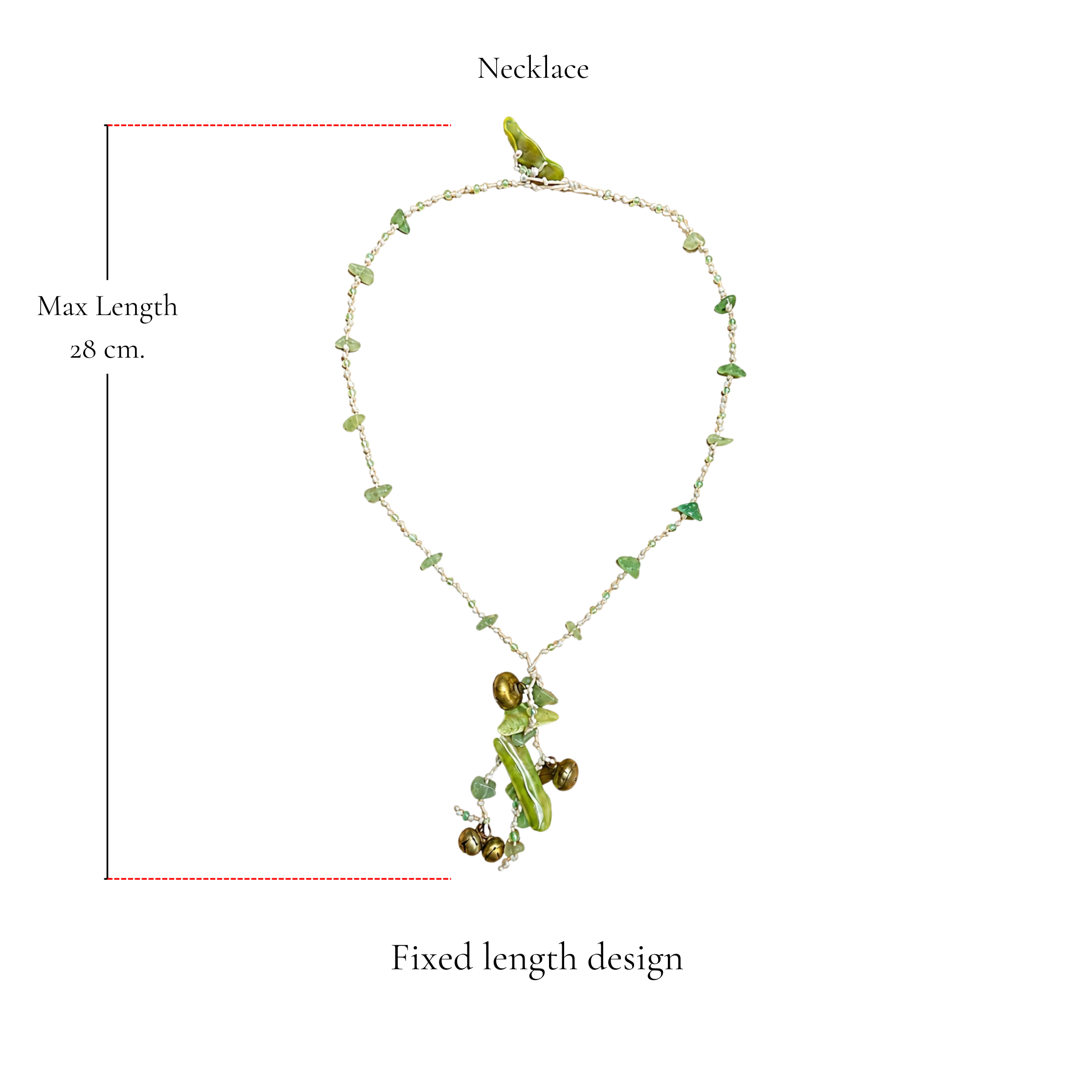 Browniecherry olive green beaded charm necklace with fixed 28 cm maximum length and lightweight hanging bell details
