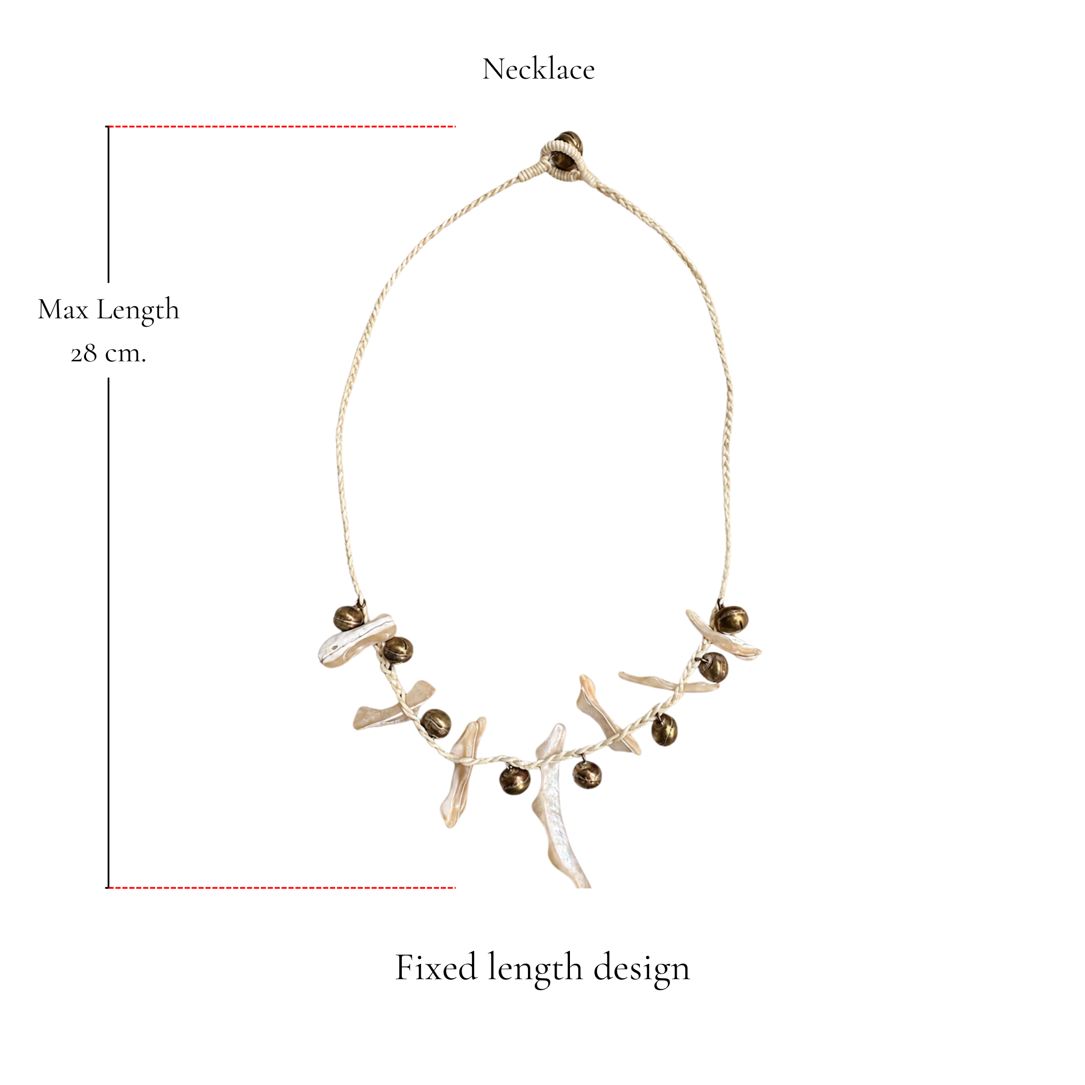 Browniecherry pearl white coastal bell necklace with fixed 28 cm maximum length and lightweight aluminum details
