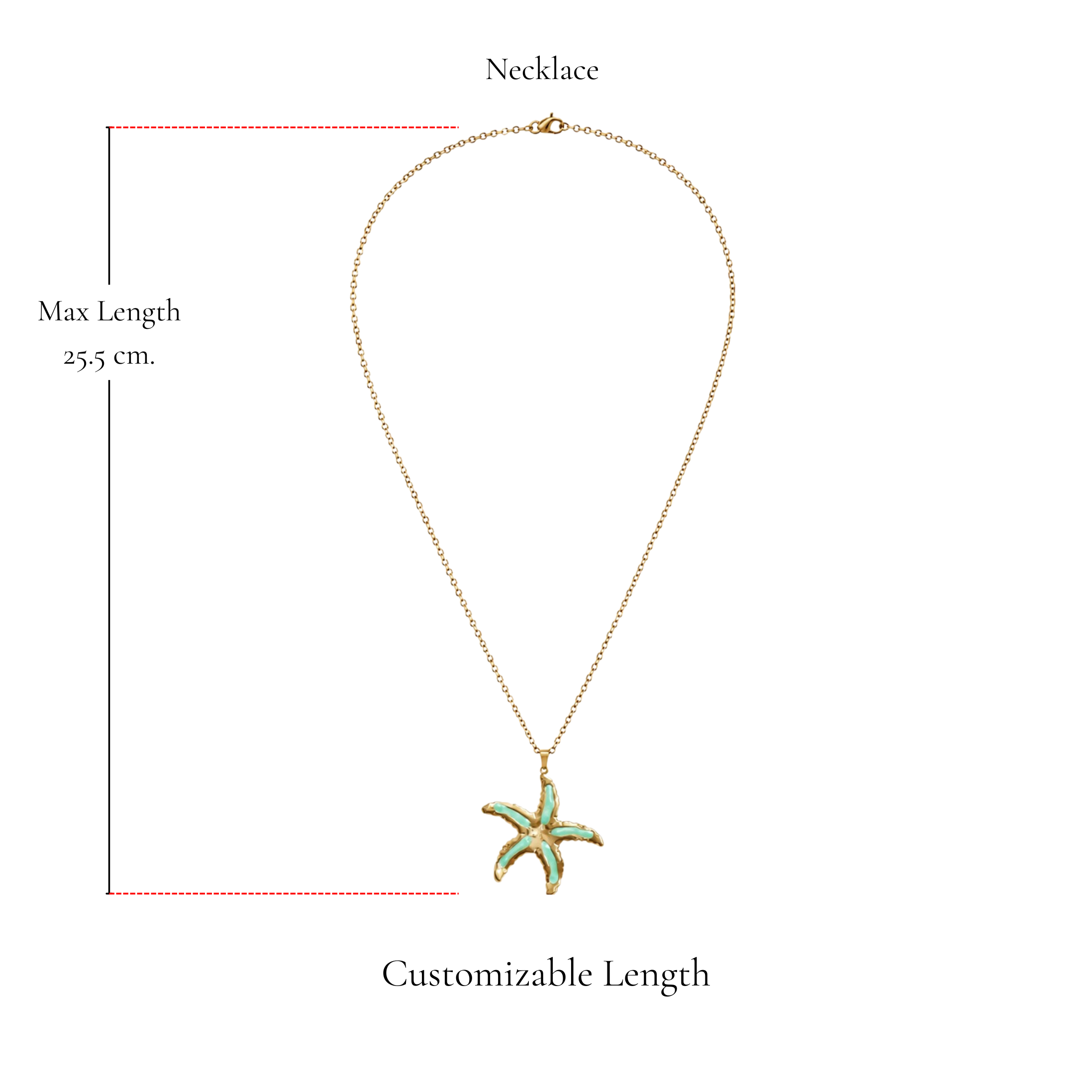 Browniecherry turquoise green starfish pendant necklace with adjustable chain and maximum length of 25.5 cm
