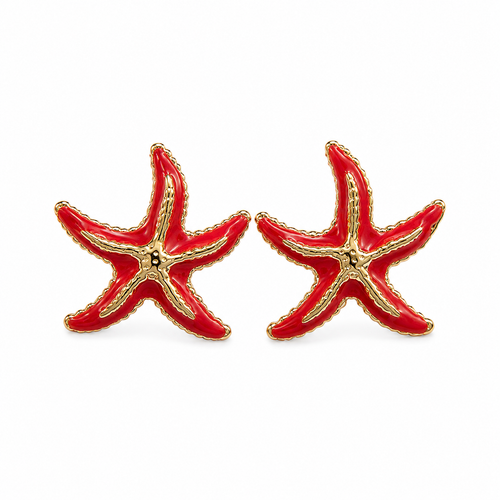 Gold-tone starfish stud earrings with glossy red enamel, bold tropical beach jewelry for women
