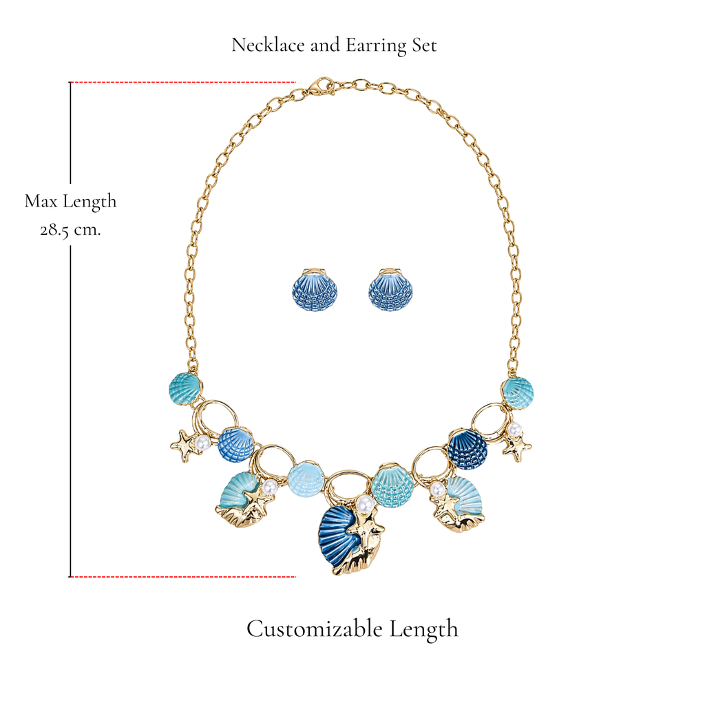 Browniecherry ocean blue seashell necklace and earring set with adjustable chain and maximum length of 28.5 cm
