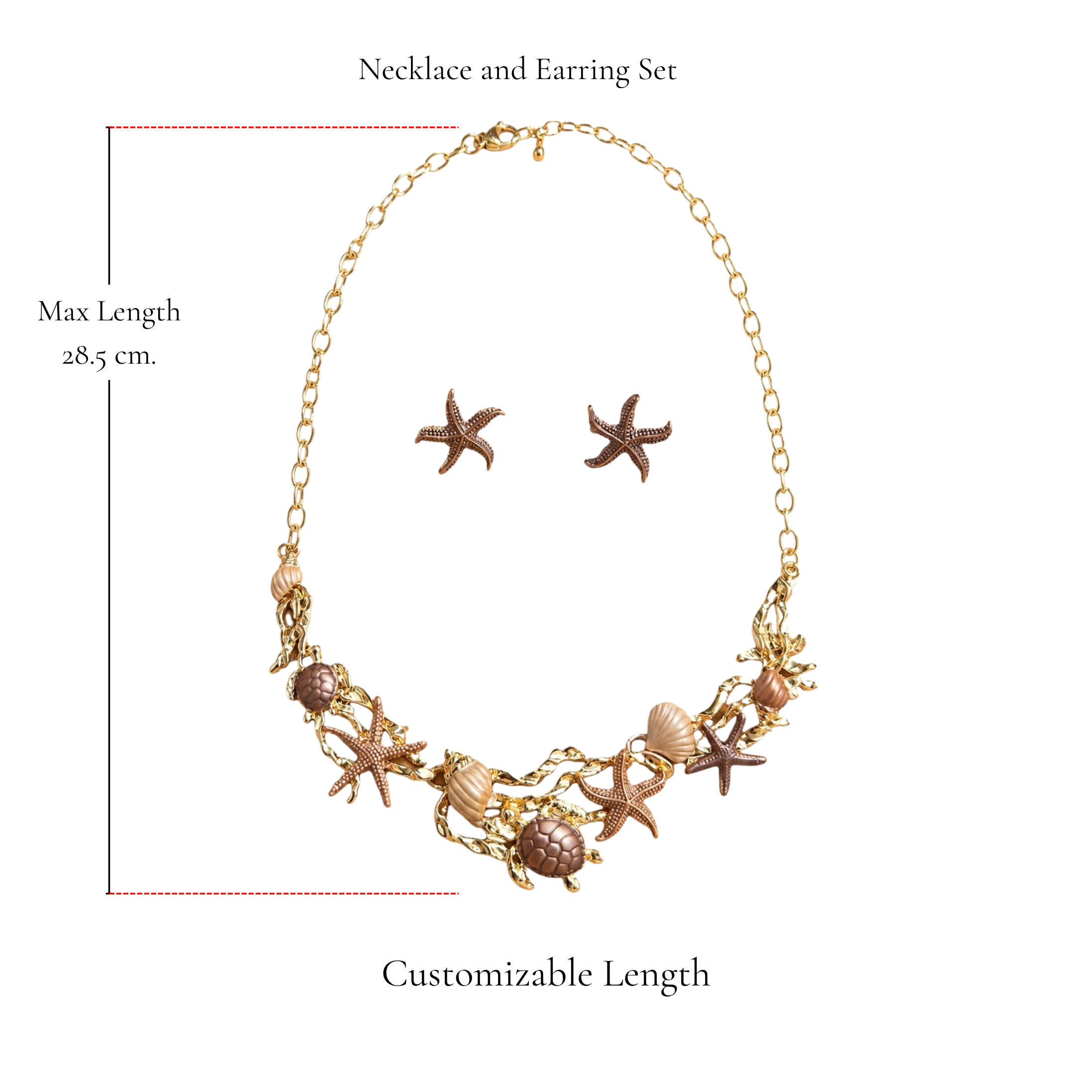 Browniecherry bronze brown ocean necklace and starfish earring set with adjustable chain and maximum length of 28.5 cm

