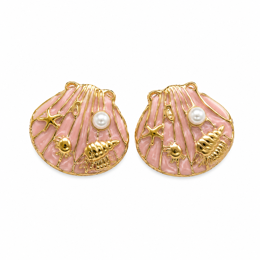 Pastel Pink Underwater Shell Faux Pearl Stud Earrings