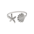 Silver adjustable cuff bracelet with textured starfish and raised seashell ends in an elegant coastal design by Browniecherry
