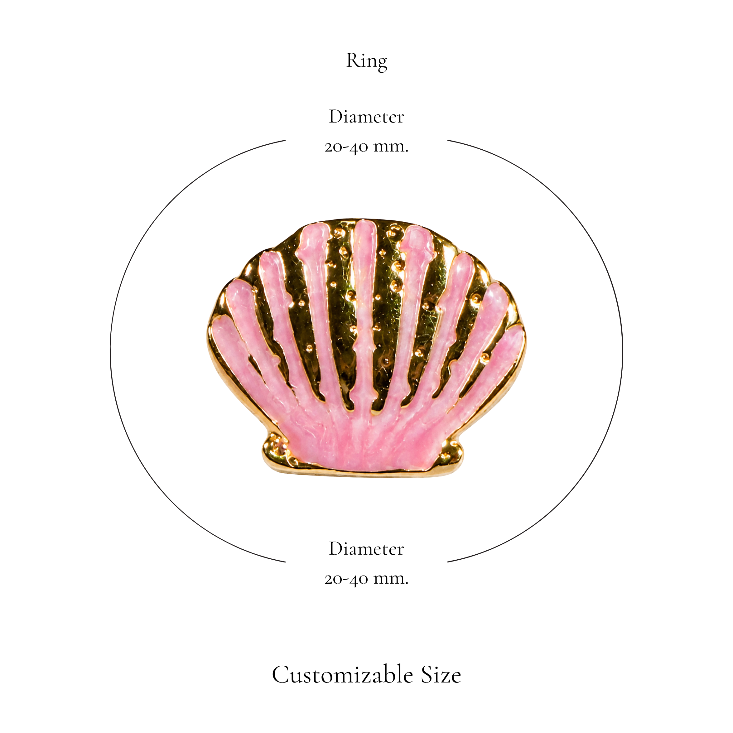 Browniecherry pastel pink seashell statement ring with adjustable diameter of approximately 20 to 40 mm
