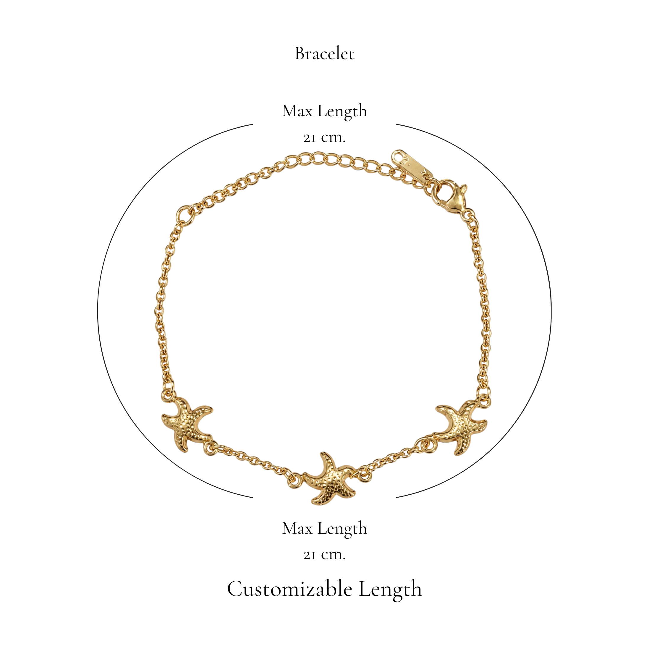 Browniecherry gold triple starfish bracelet with adjustable extension chain and maximum length of 21 cm

