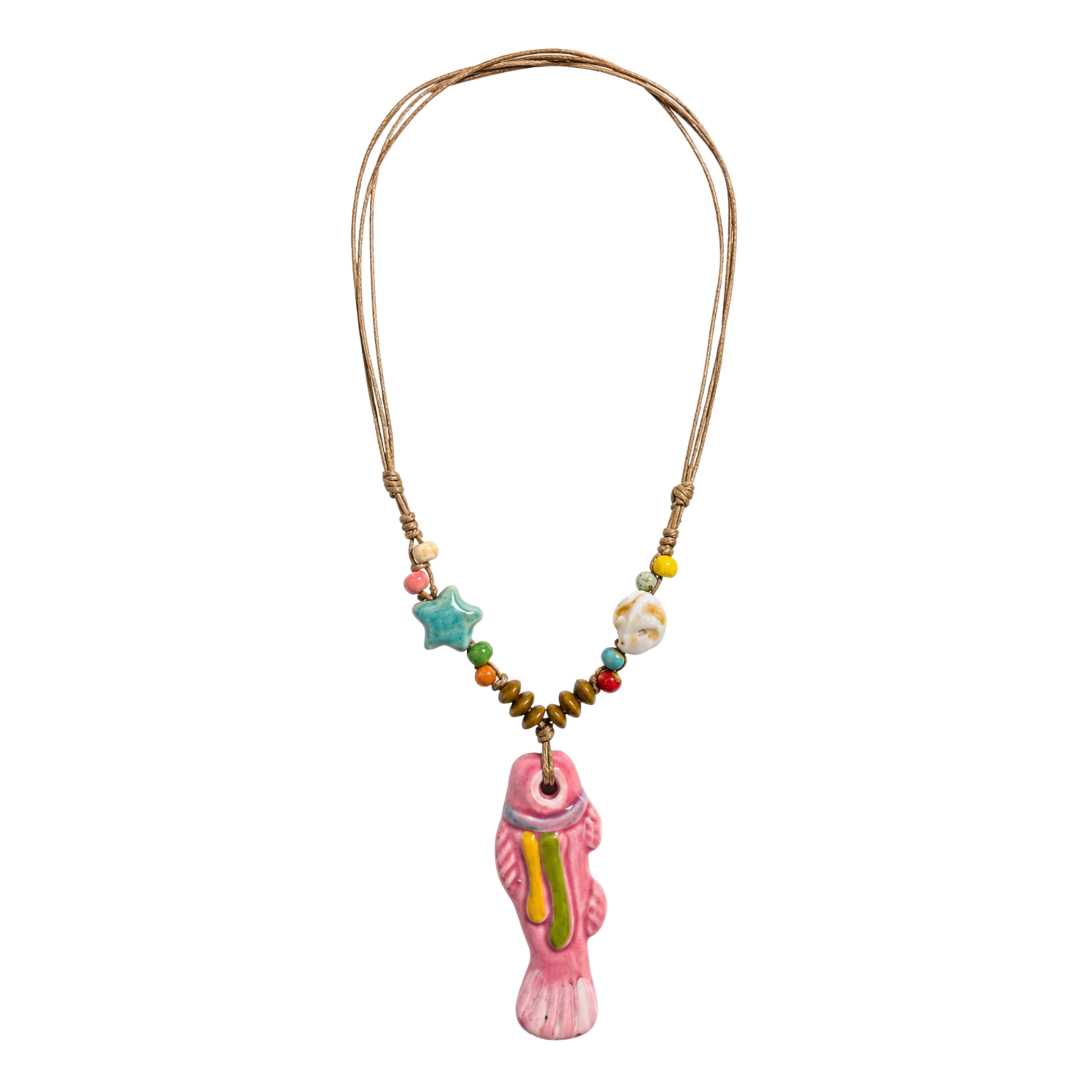 Pastel pink fish pendant bohemian rope necklace with colorful beads, starfish, seashell details, and brown cord by Browniecherry
