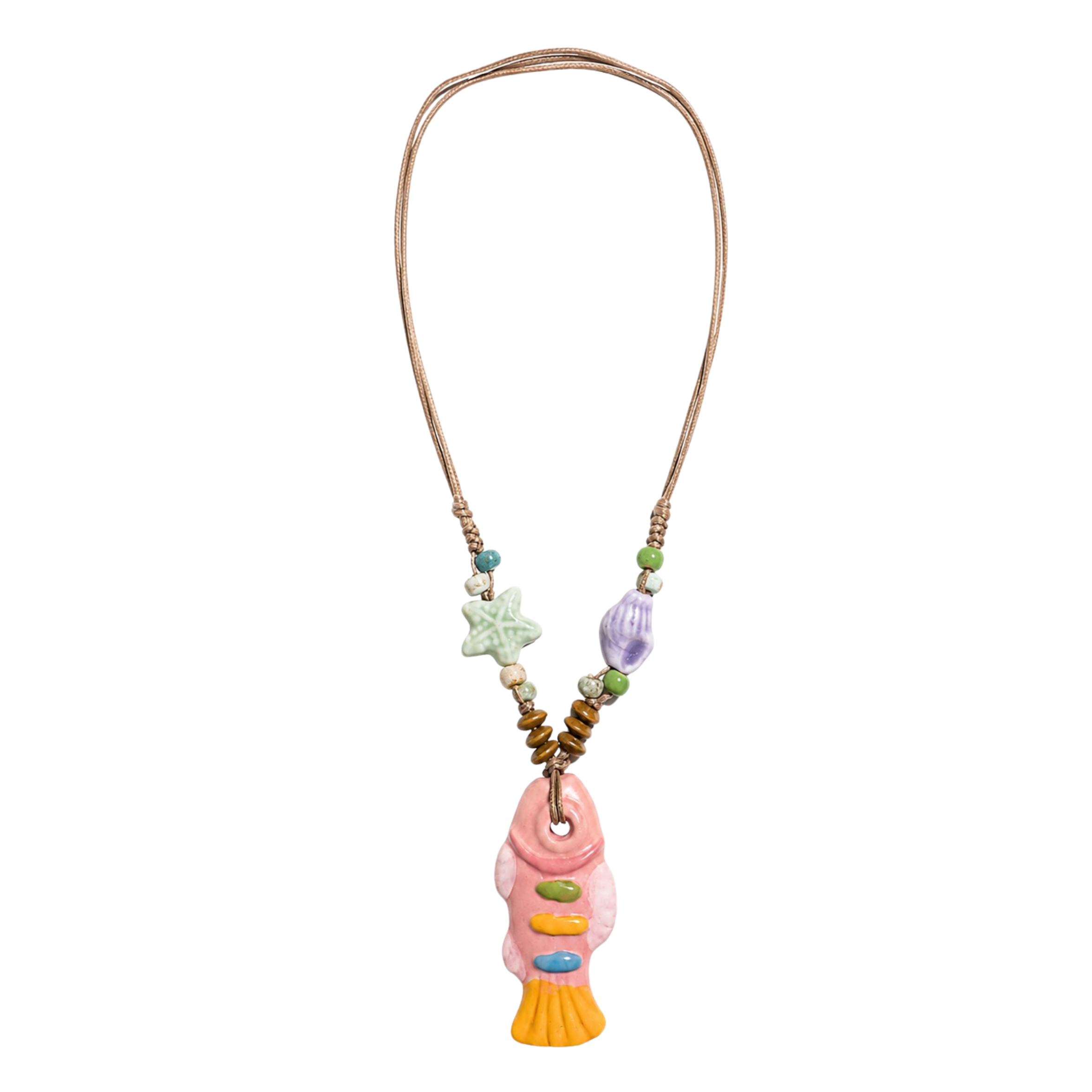 Pastel fish pendant necklace with colorful stripe details, synthetic beads, marine charms, and brown multi-strand cord by Browniecherry
