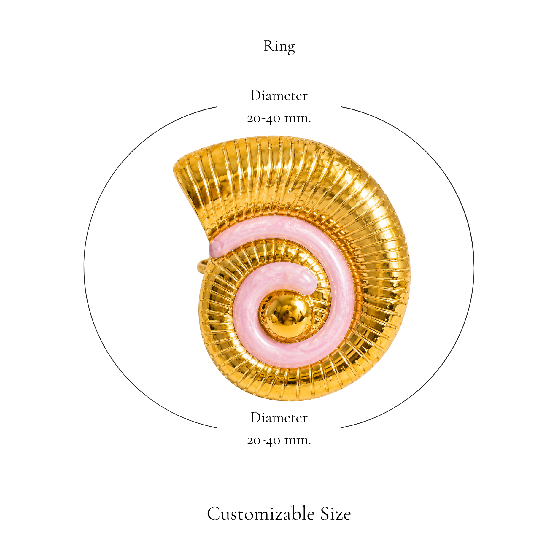 Browniecherry pastel pink nautilus shell statement ring with adjustable diameter of approximately 20 to 40 mm
