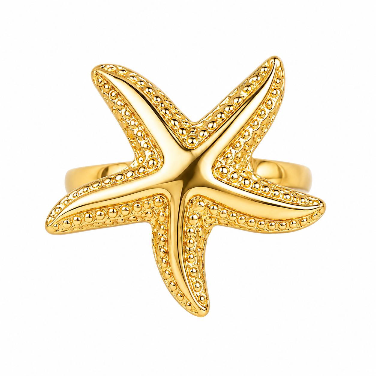 Gold adjustable statement ring with a large raised starfish face, center ridge details, and dotted textured edges by Browniecherry
