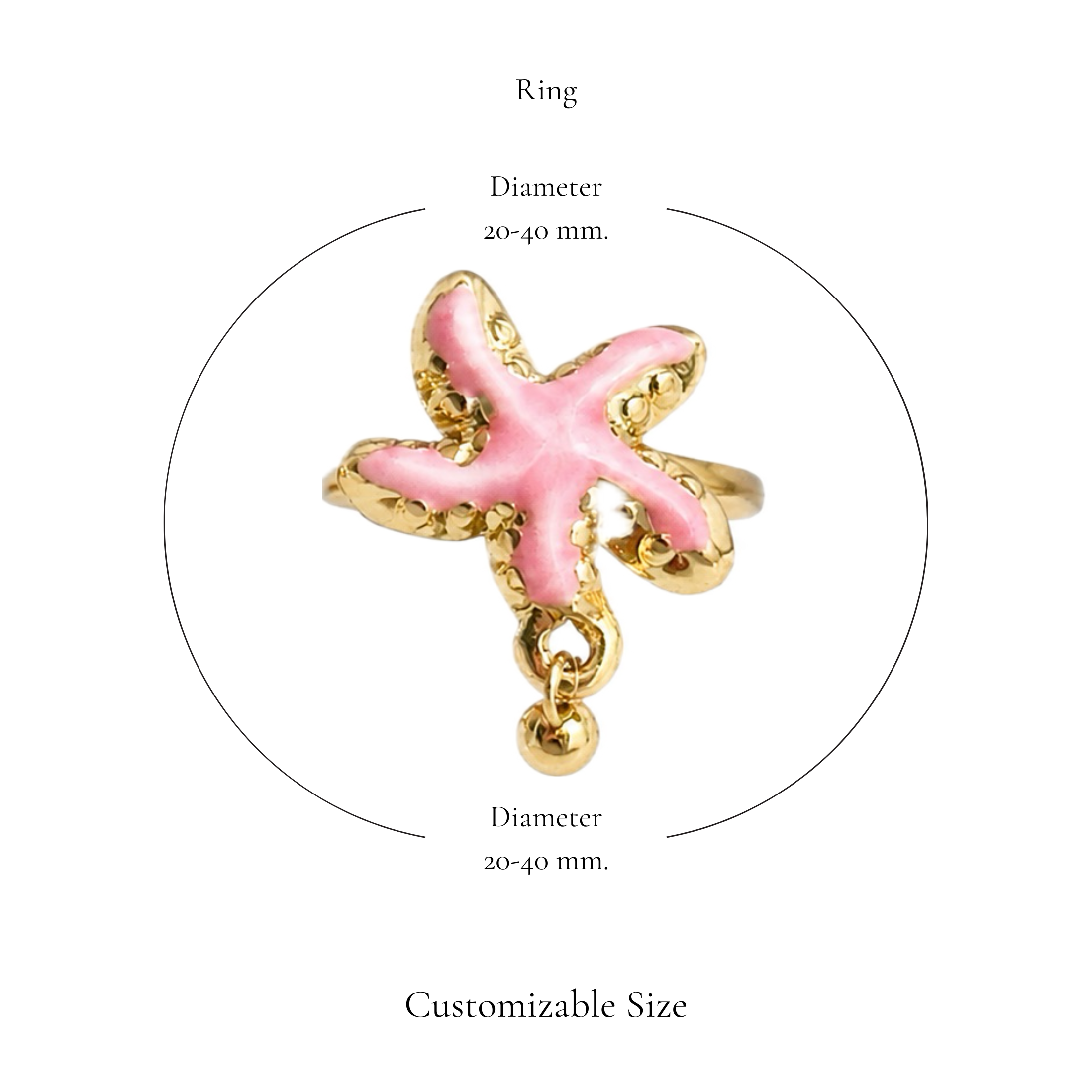 Browniecherry pastel pink starfish dangle ring with adjustable diameter of approximately 20 to 40 mm
