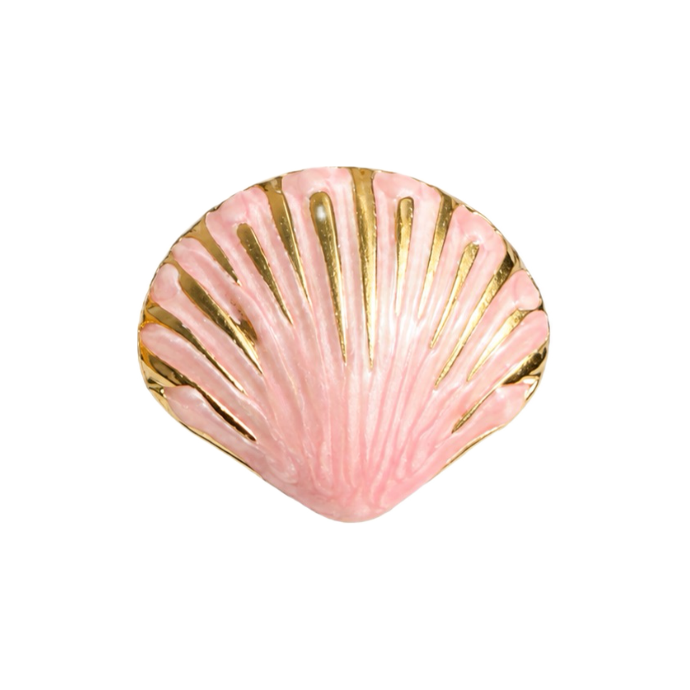 Pastel pink glossy seashell adjustable ring with raised ridges and reflective gold-tone details by Browniecherry
