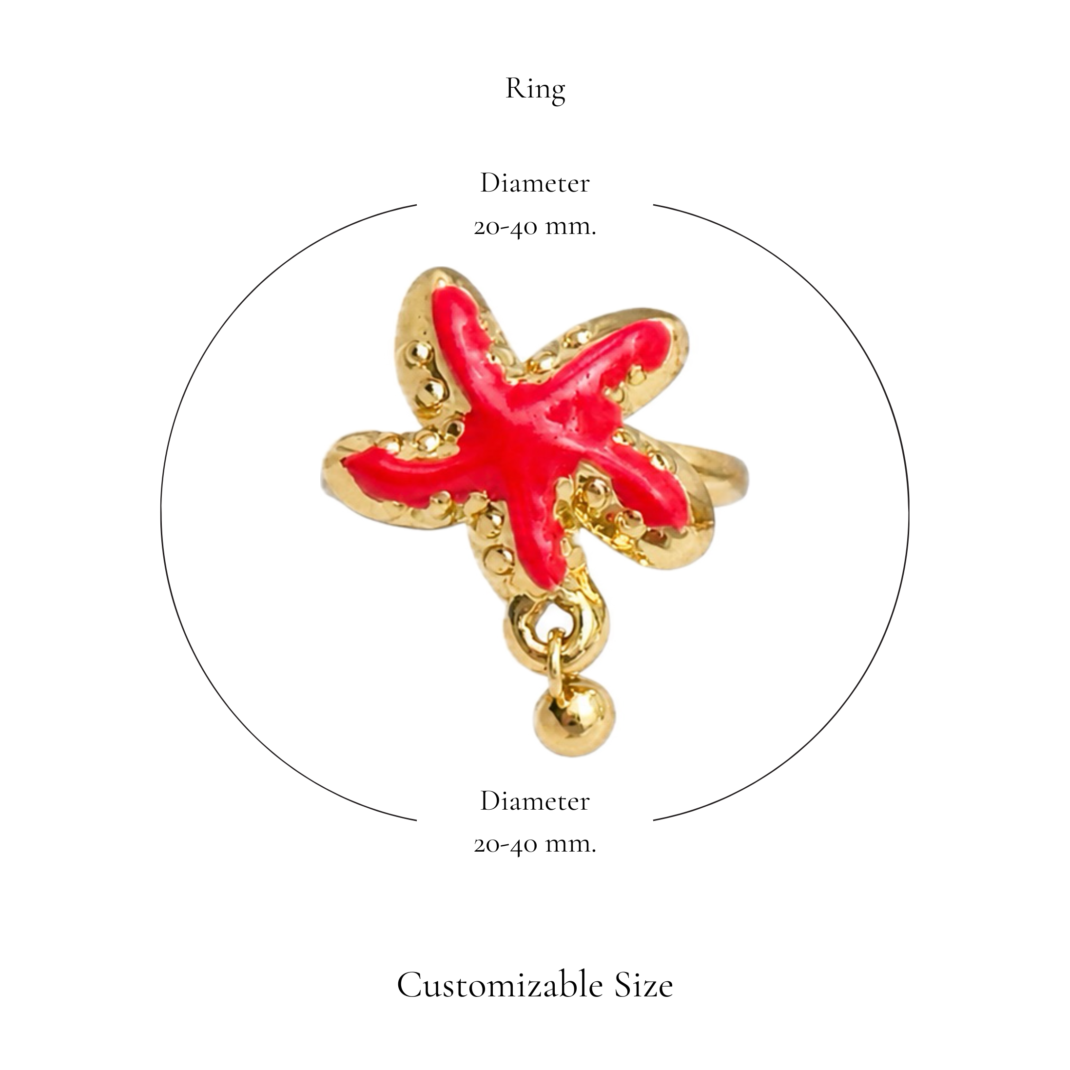 Browniecherry hot pink starfish dangle ring with adjustable diameter of approximately 20 to 40 mm
