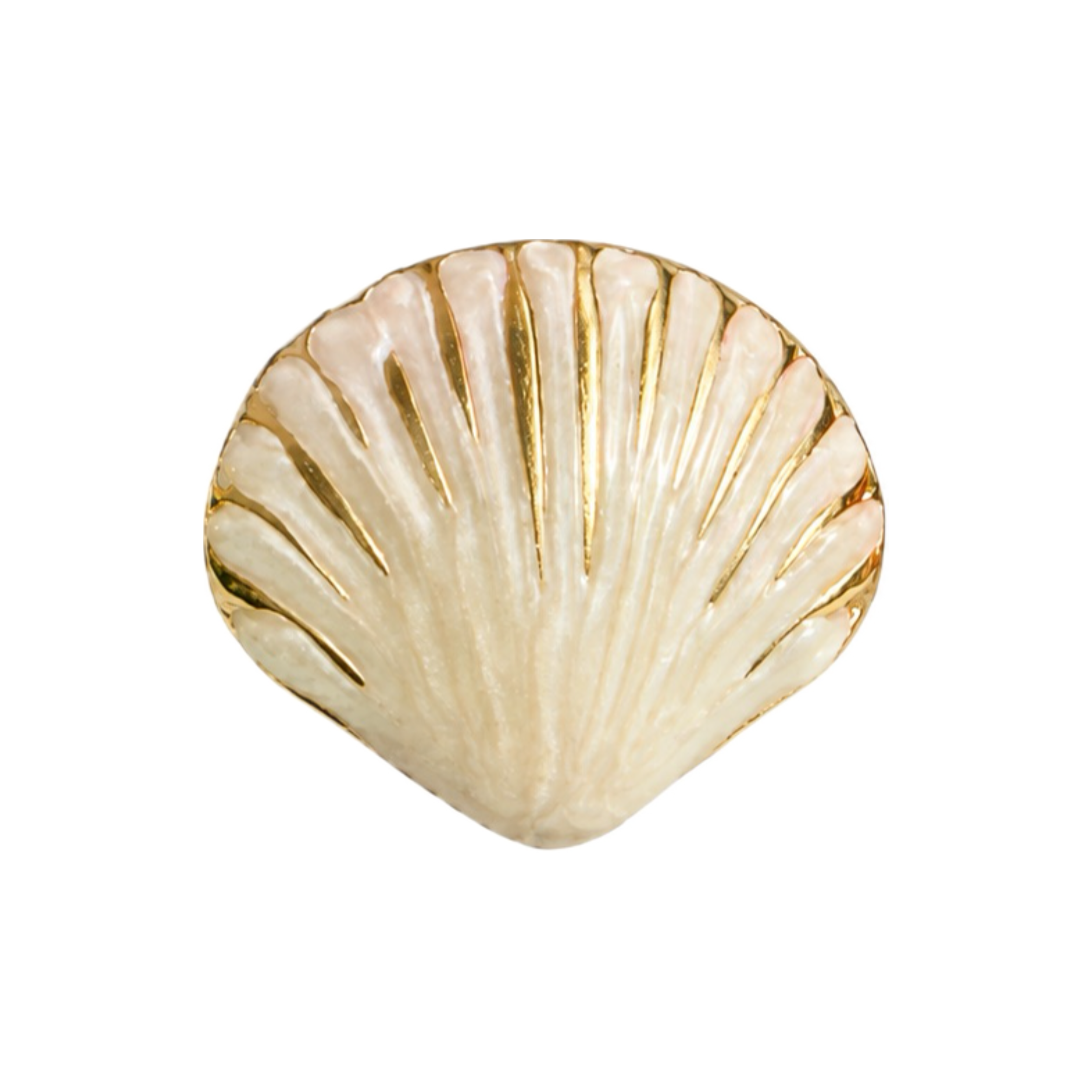 Pearl white glossy seashell adjustable ring with raised ridges and reflective gold-tone details by Browniecherry
