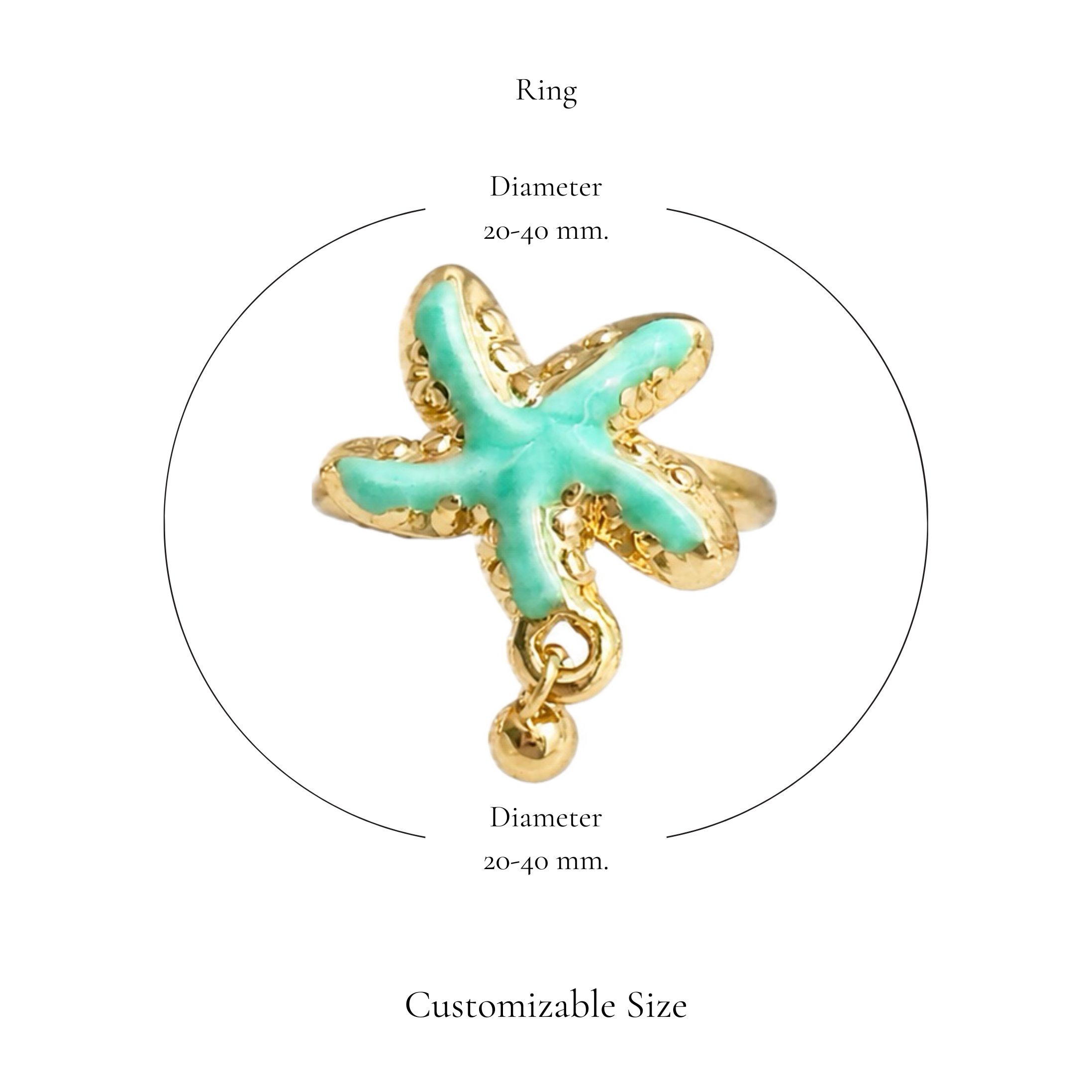 Browniecherry mint green starfish dangle ring with adjustable diameter of approximately 20 to 40 mm
