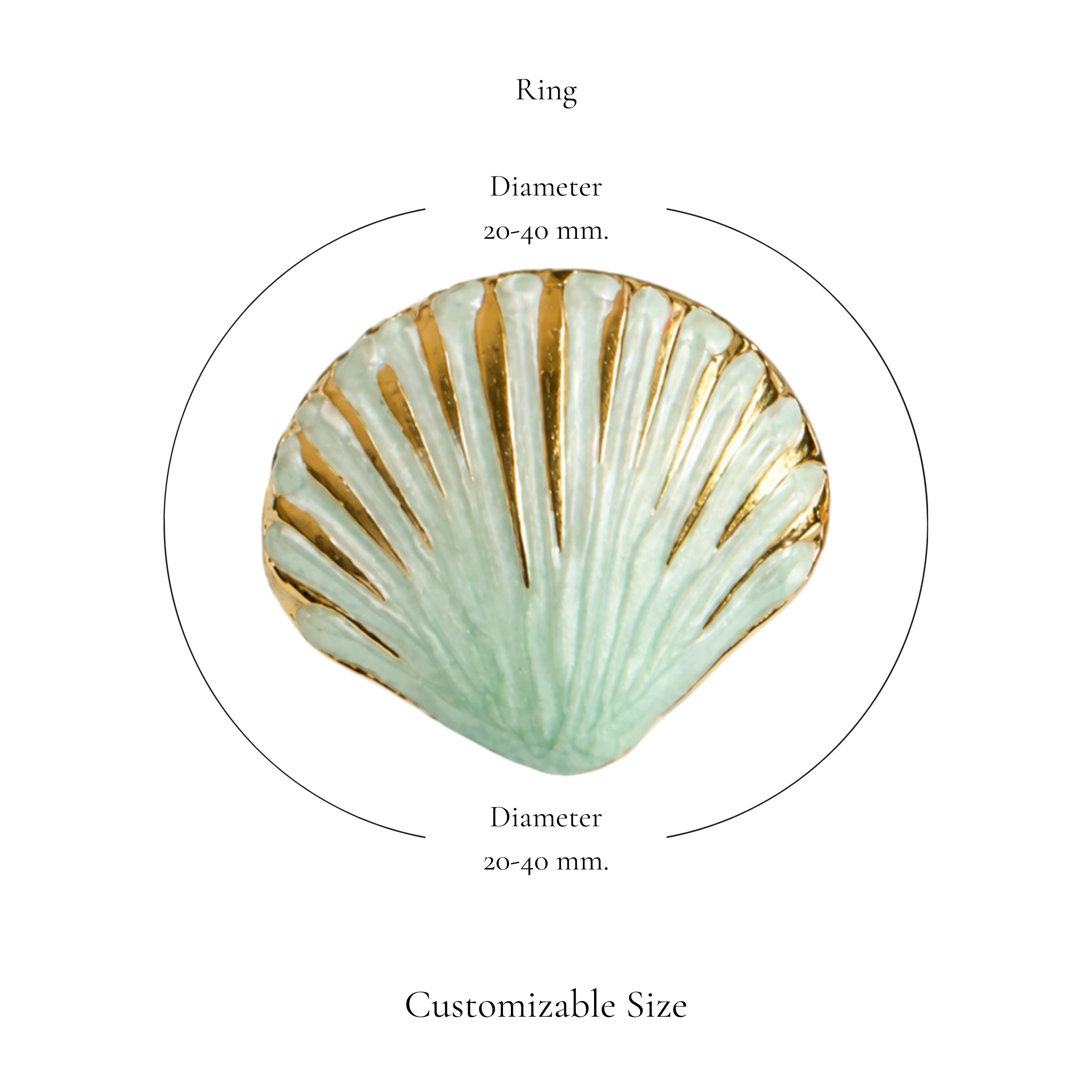 Browniecherry mint green seashell statement ring with adjustable diameter of approximately 20 to 40 mm
