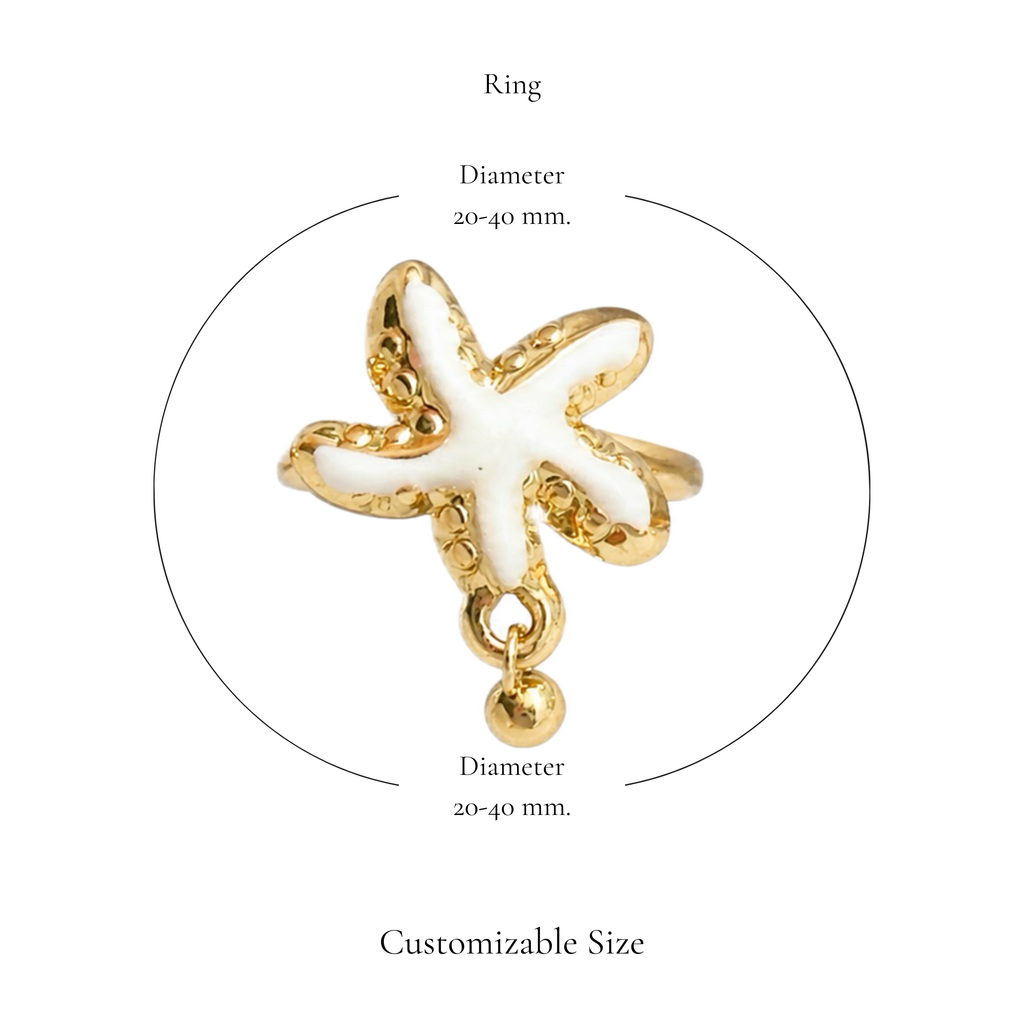 Browniecherry pearl white starfish dangle ring with adjustable diameter of approximately 20 to 40 mm
