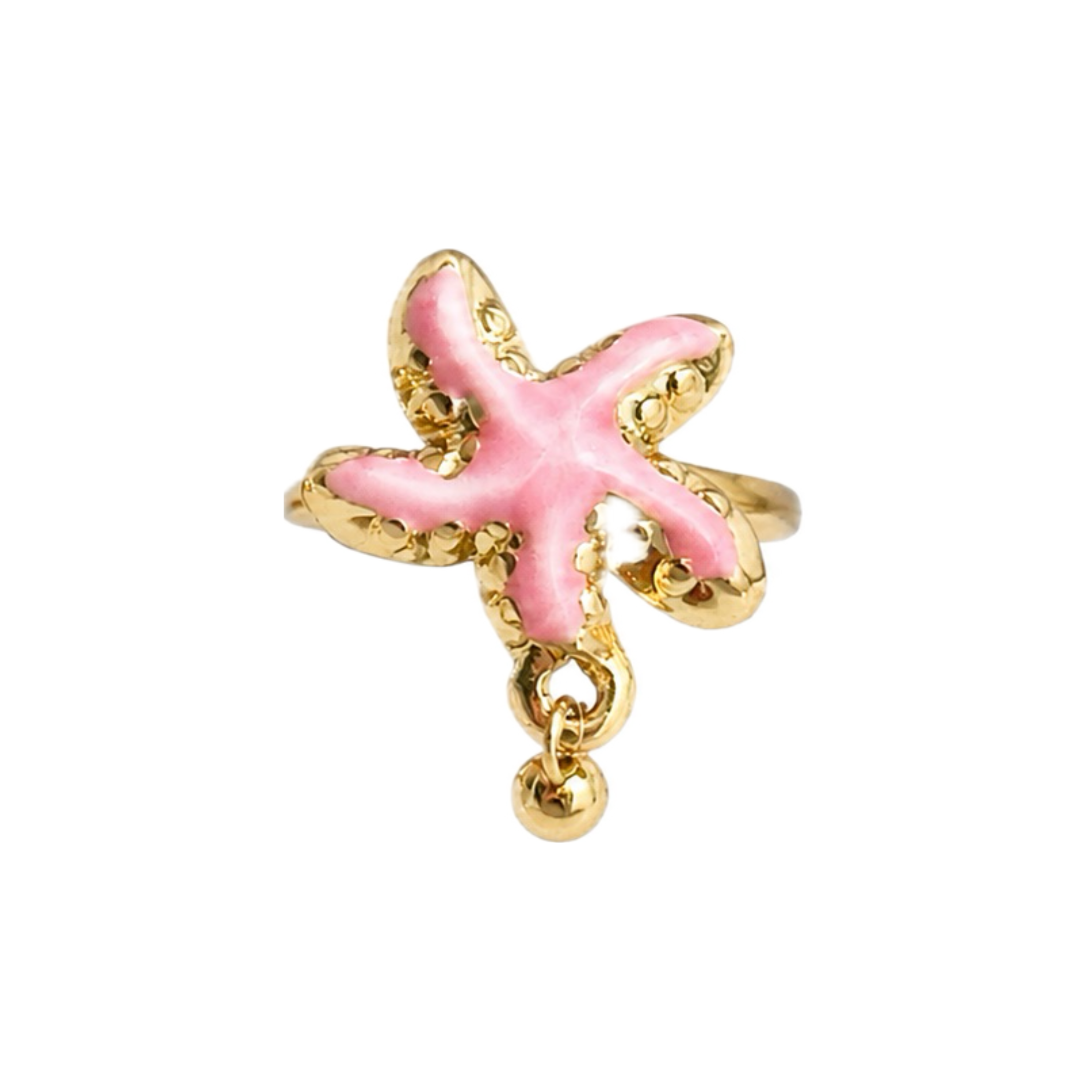Pastel pink glossy starfish adjustable ring with raised gold-tone details and dangling bead by Browniecherry
