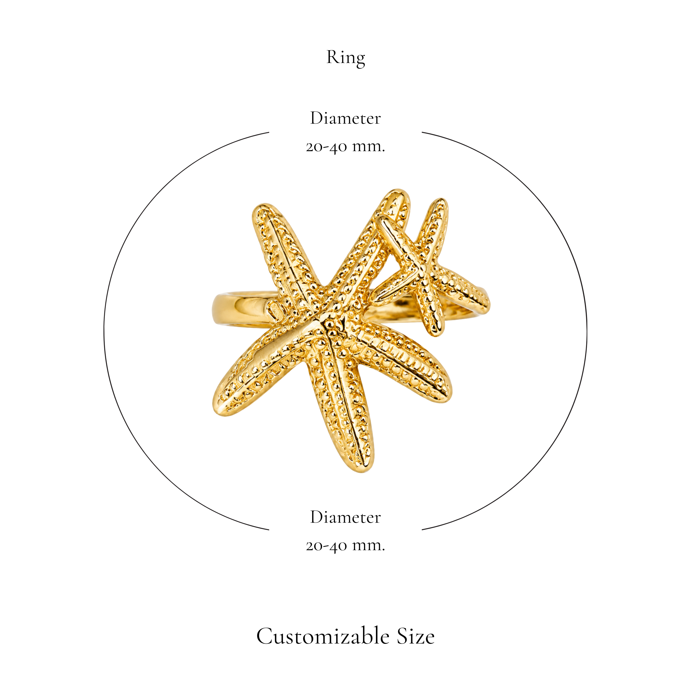 Browniecherry gold double starfish ring with adjustable diameter of approximately 20 to 40 mm
