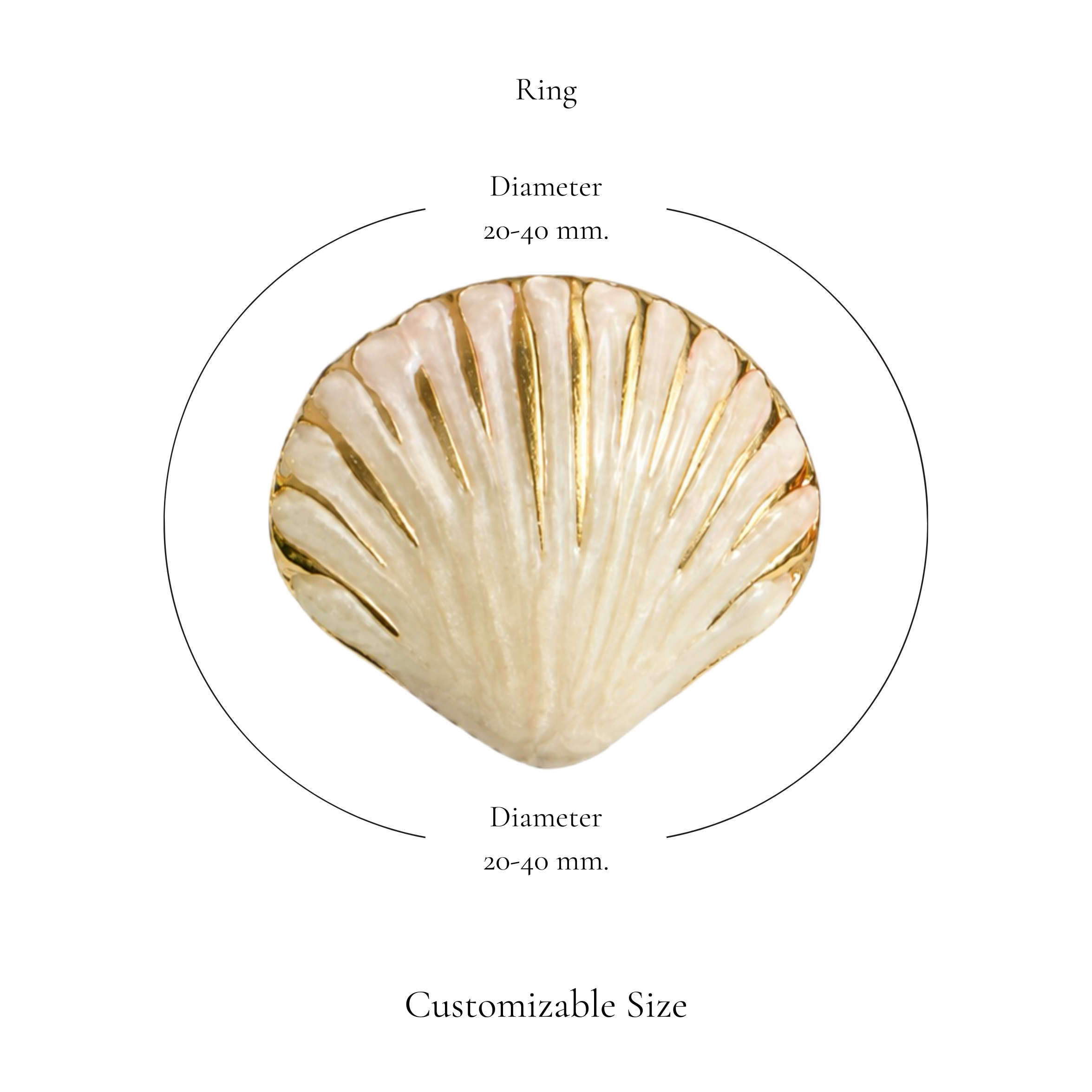 Browniecherry pearl white seashell statement ring with adjustable diameter of approximately 20 to 40 mm
