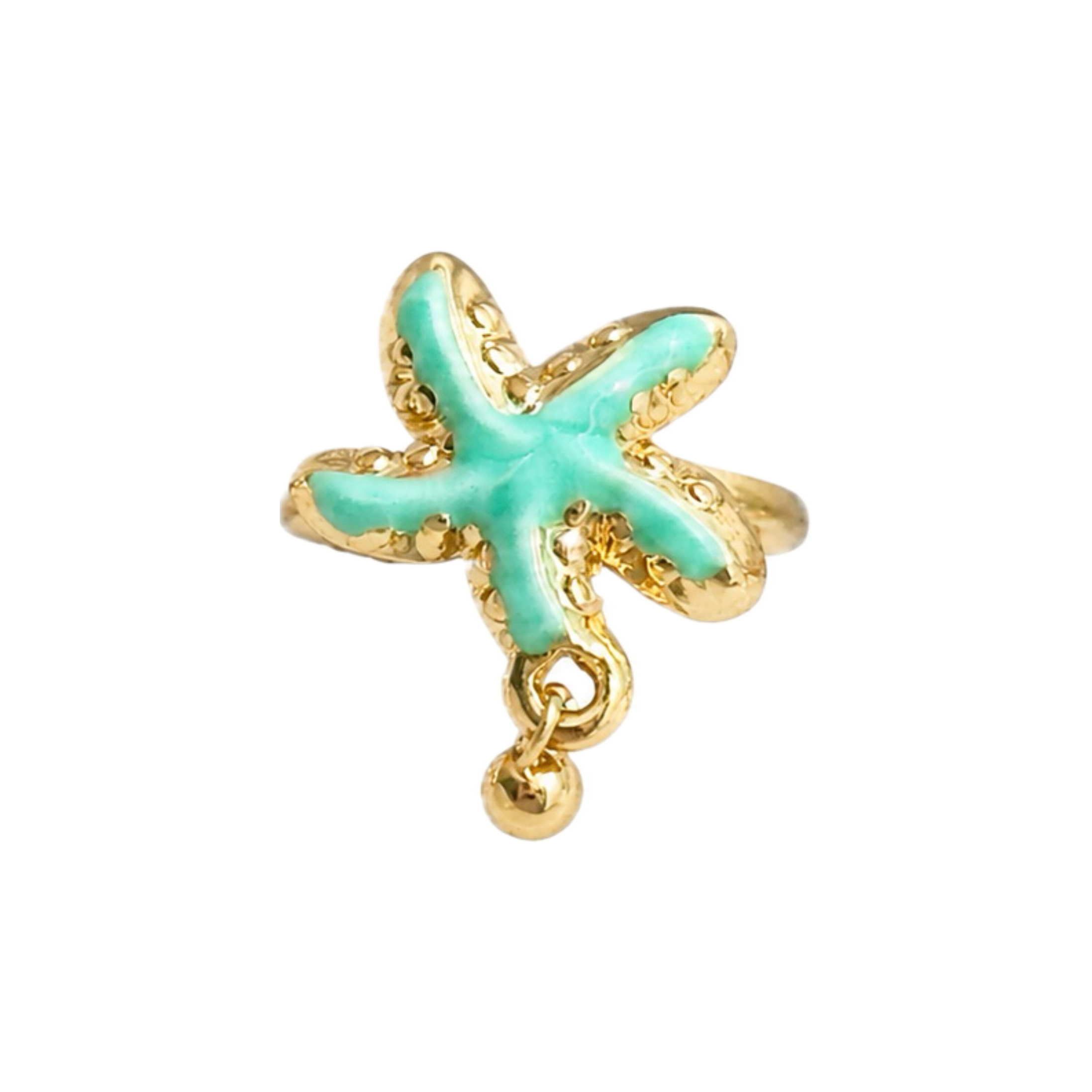 Mint green glossy starfish adjustable ring with raised gold-tone details and dangling bead by Browniecherry

