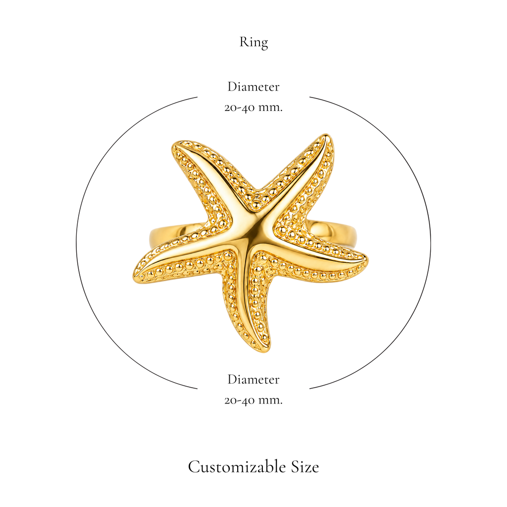 Browniecherry gold textured starfish ring with adjustable diameter of approximately 20 to 40 mm
