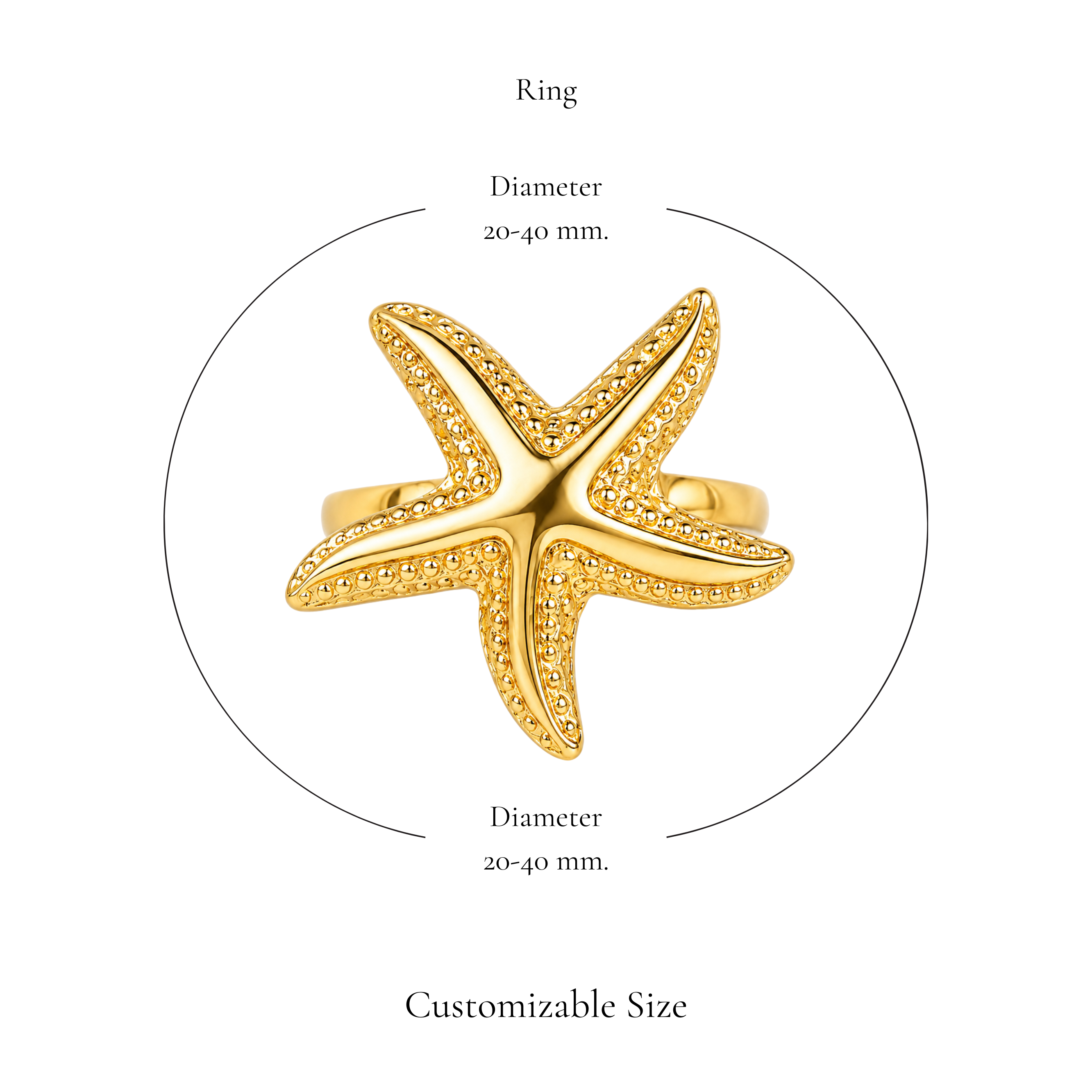 Browniecherry gold textured starfish ring with adjustable diameter of approximately 20 to 40 mm
