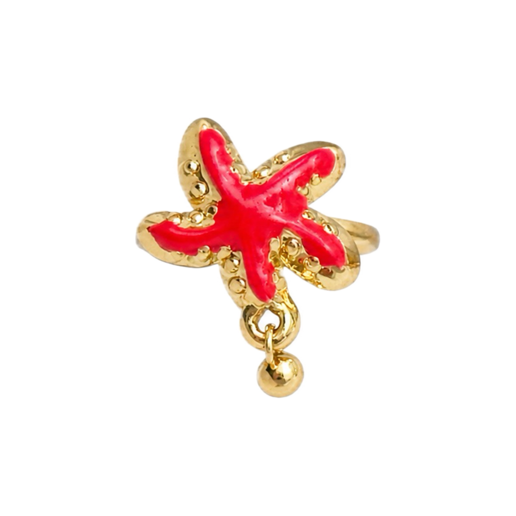 Hot pink glossy starfish adjustable ring with raised gold-tone details and dangling bead by Browniecherry
