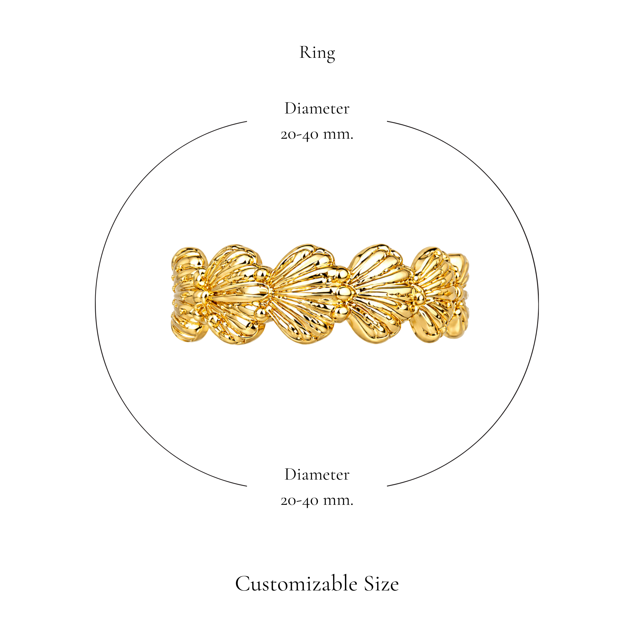 Browniecherry gold seashell band ring with adjustable diameter of approximately 20 to 40 mm
