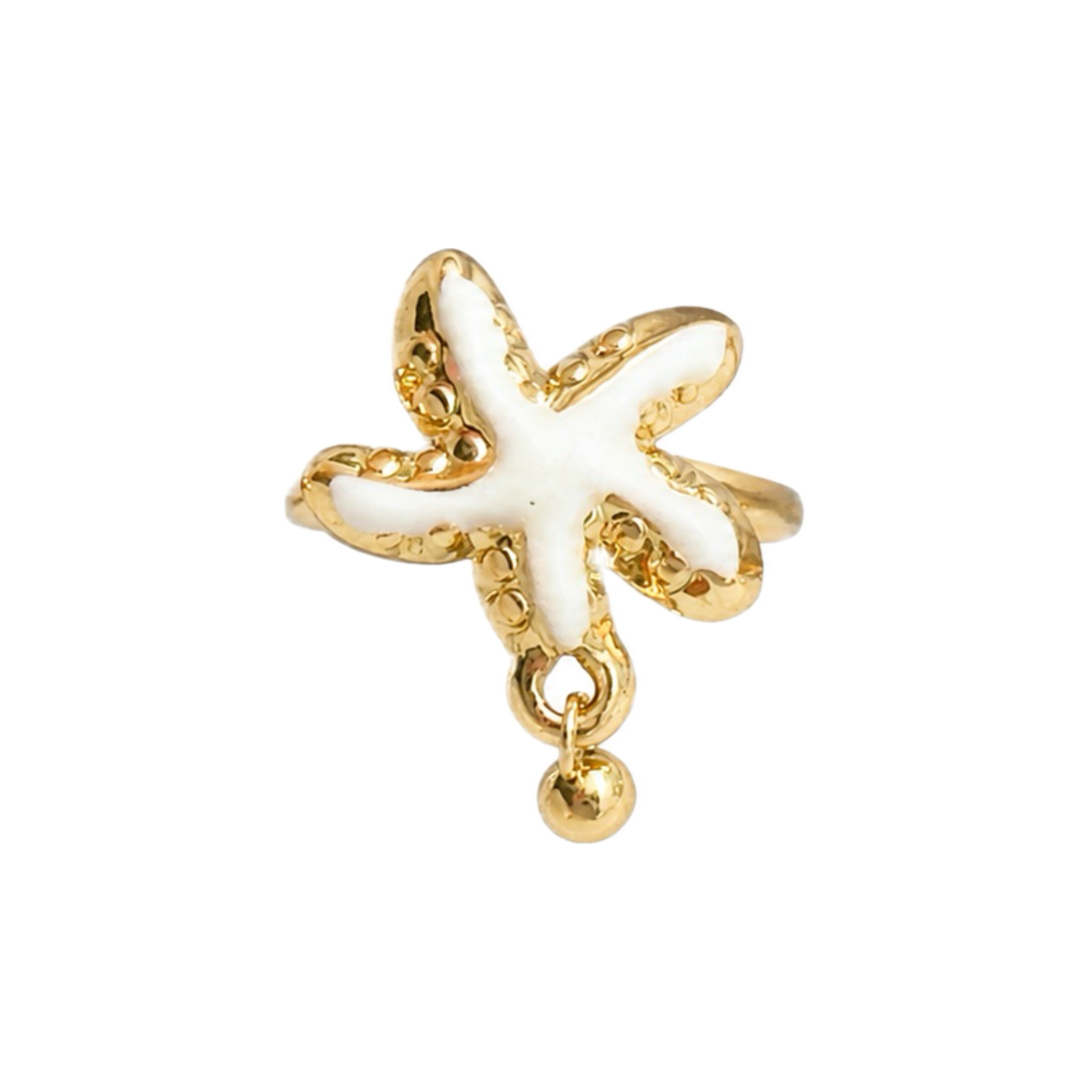 Pearl white glossy starfish adjustable ring with raised gold-tone details and dangling bead by Browniecherry
