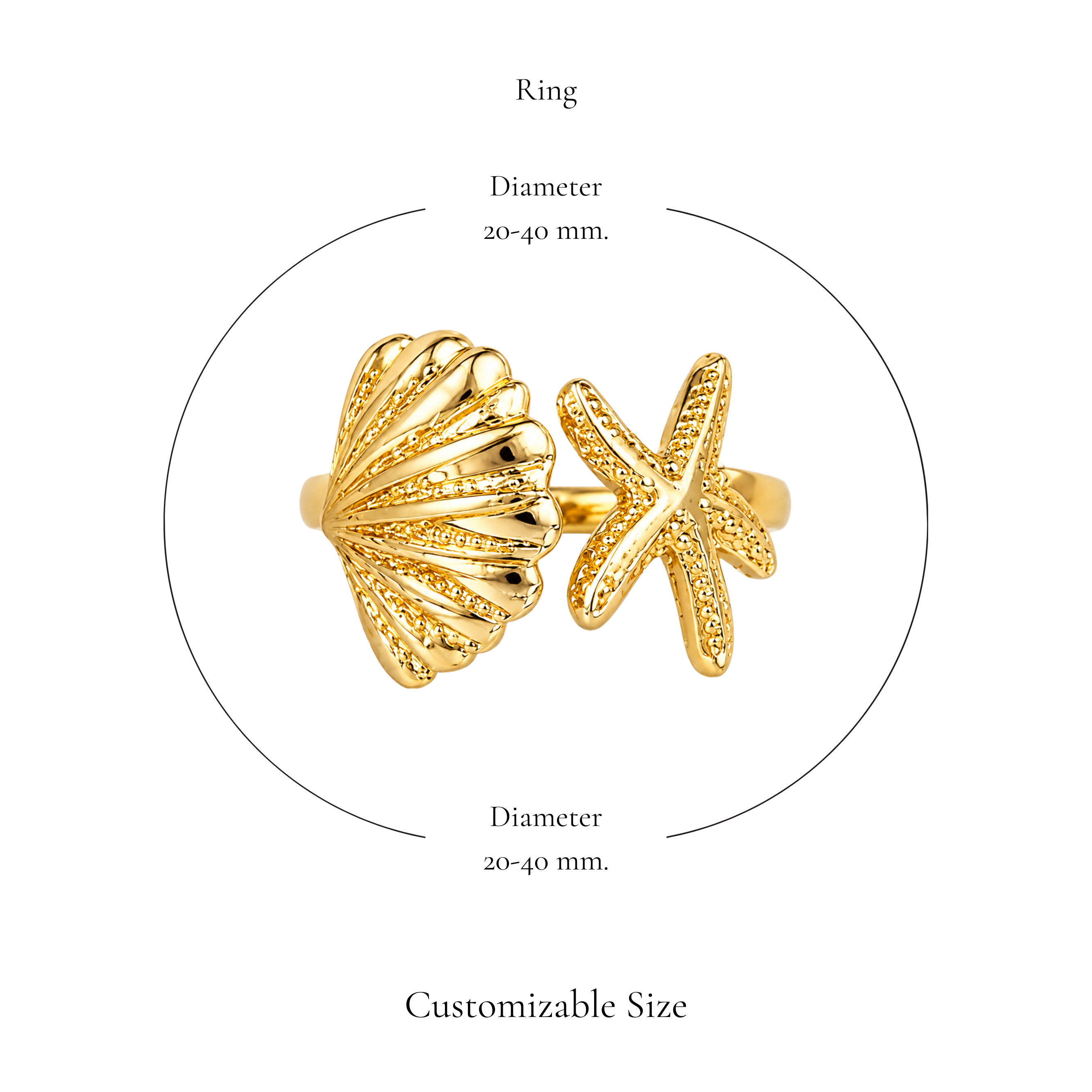 Browniecherry gold seashell and starfish ring with adjustable diameter of approximately 20 to 40 mm
