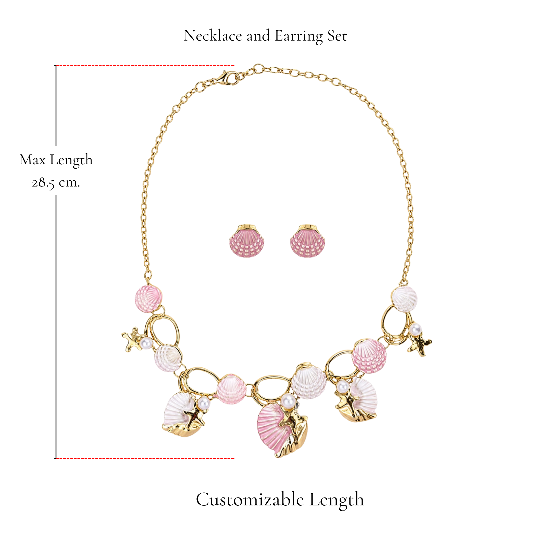 Browniecherry pastel pink seashell necklace and earring set with adjustable chain and maximum length of 28.5 cm
