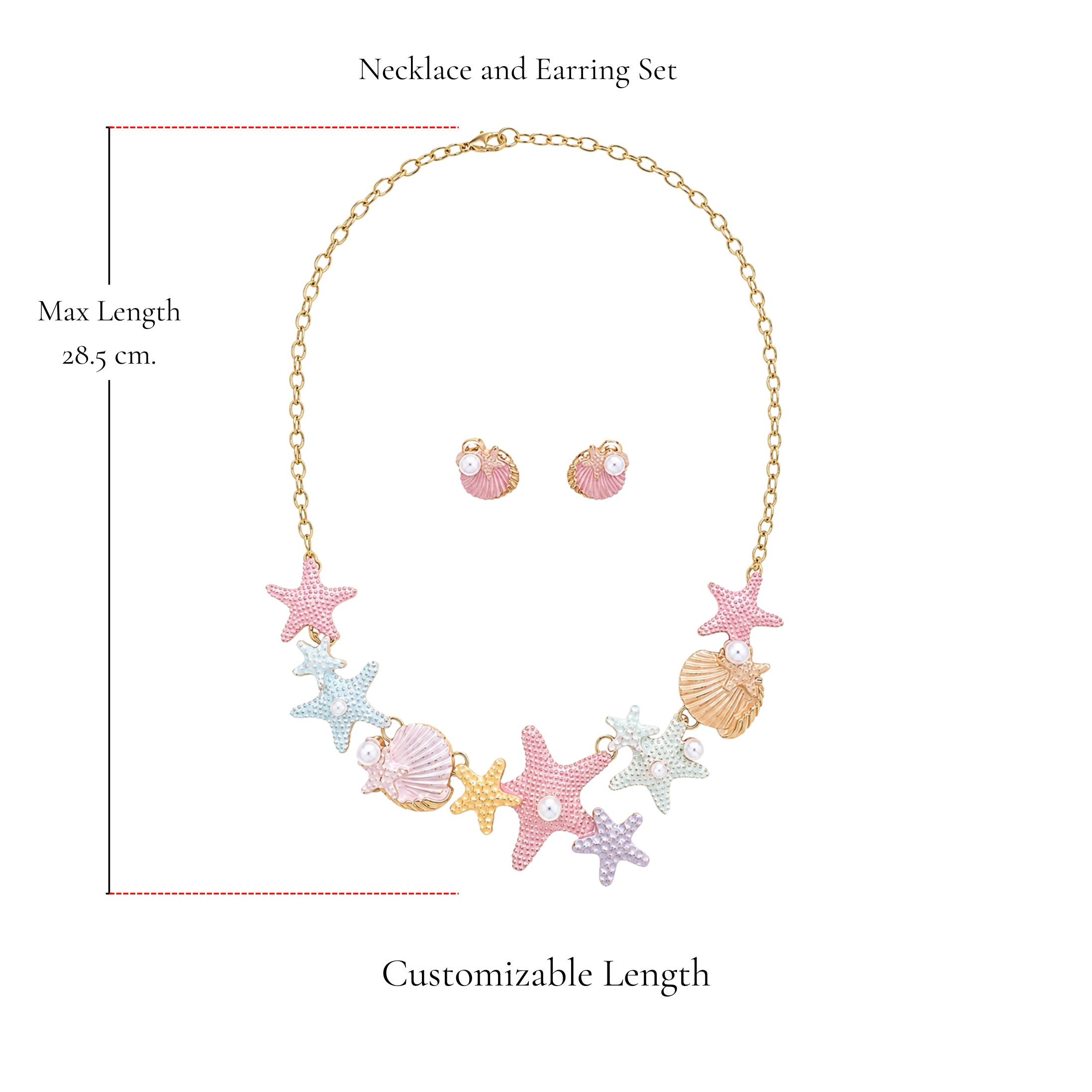 Browniecherry pastel starfish and seashell necklace and earring set with adjustable chain and maximum length of 28.5 cm
