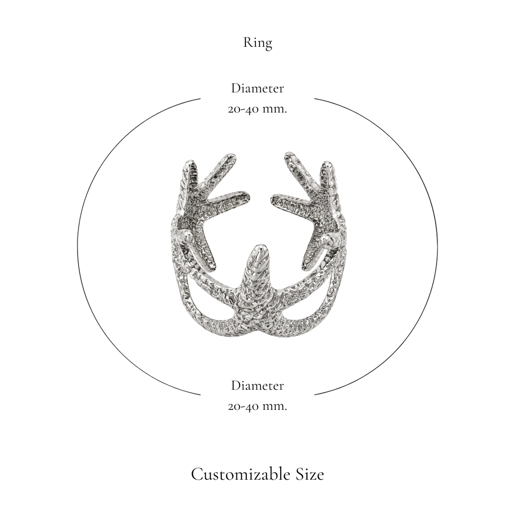 Browniecherry silver triple starfish ring with adjustable diameter of approximately 20 to 40 mm
