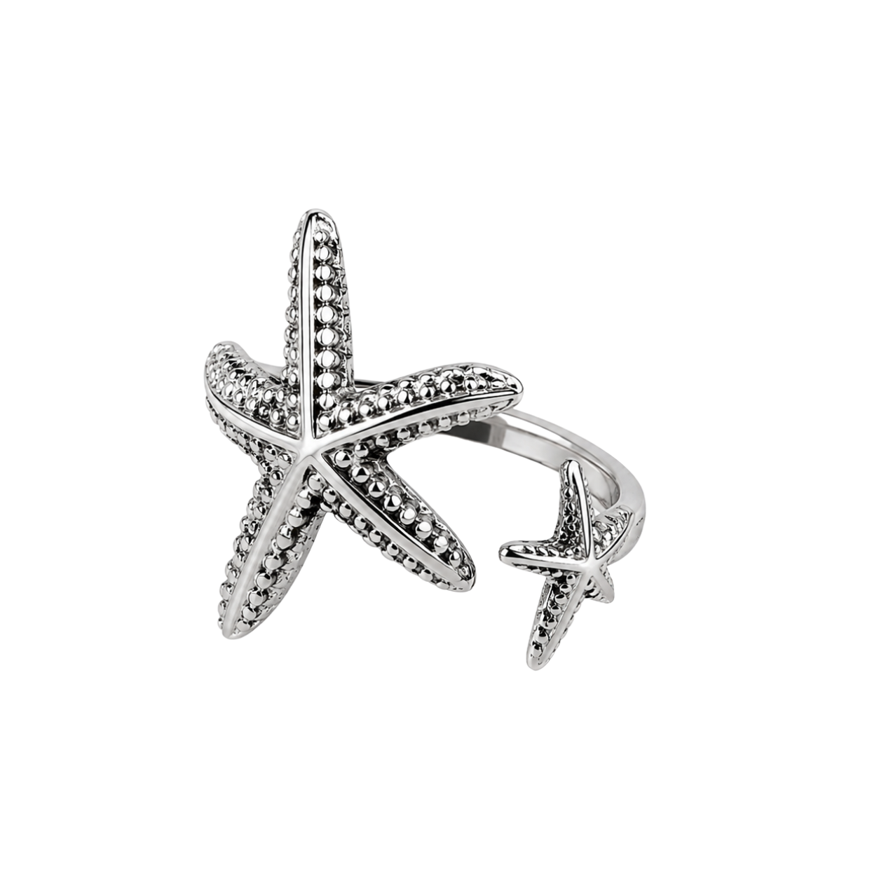 Silver adjustable statement ring with one large and one small textured starfish, raised lines, and rounded details by Browniecherry
