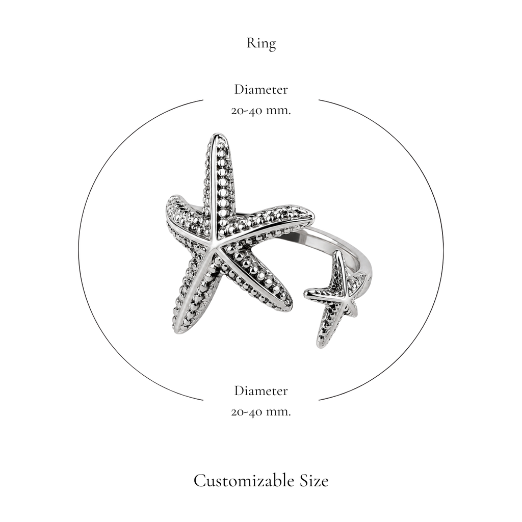 Browniecherry silver double starfish ring with adjustable diameter of approximately 20 to 40 mm
