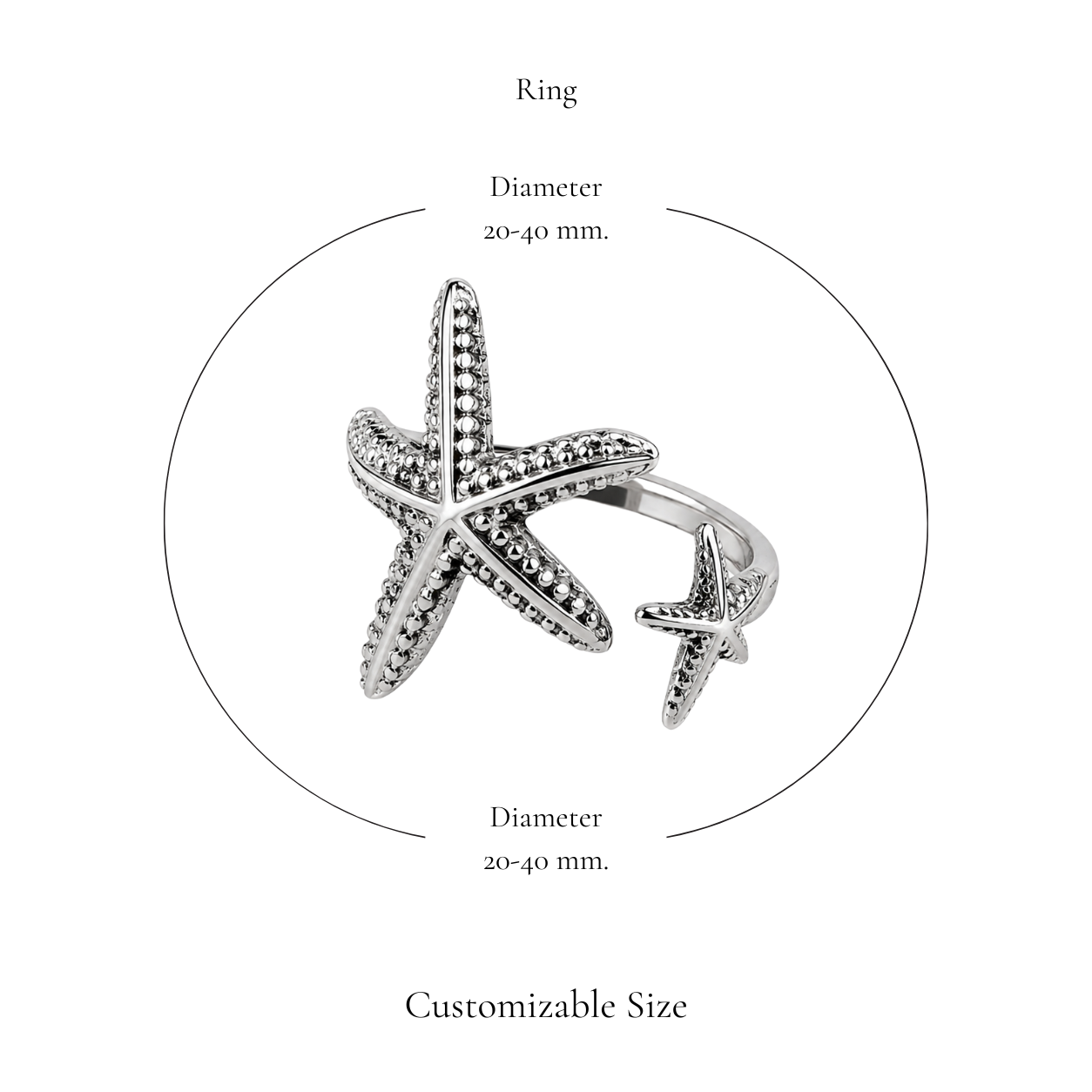 Browniecherry silver double starfish ring with adjustable diameter of approximately 20 to 40 mm
