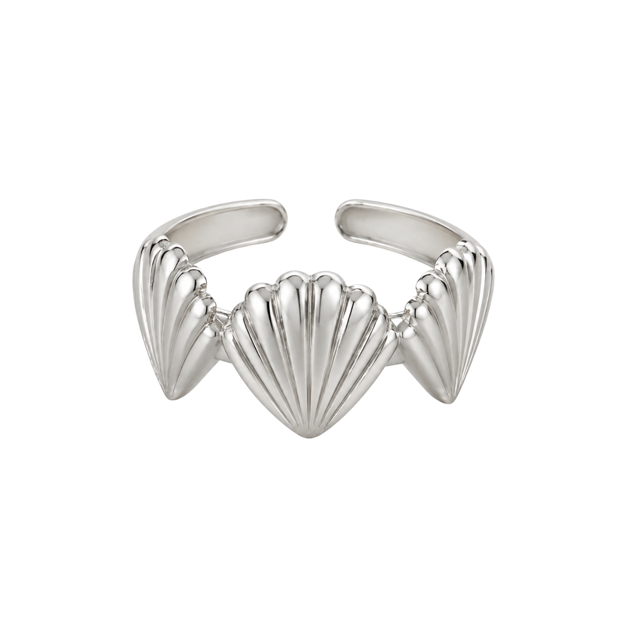 Silver adjustable statement ring with three equal-sized raised seashell motifs and glossy coastal design by Browniecherry
