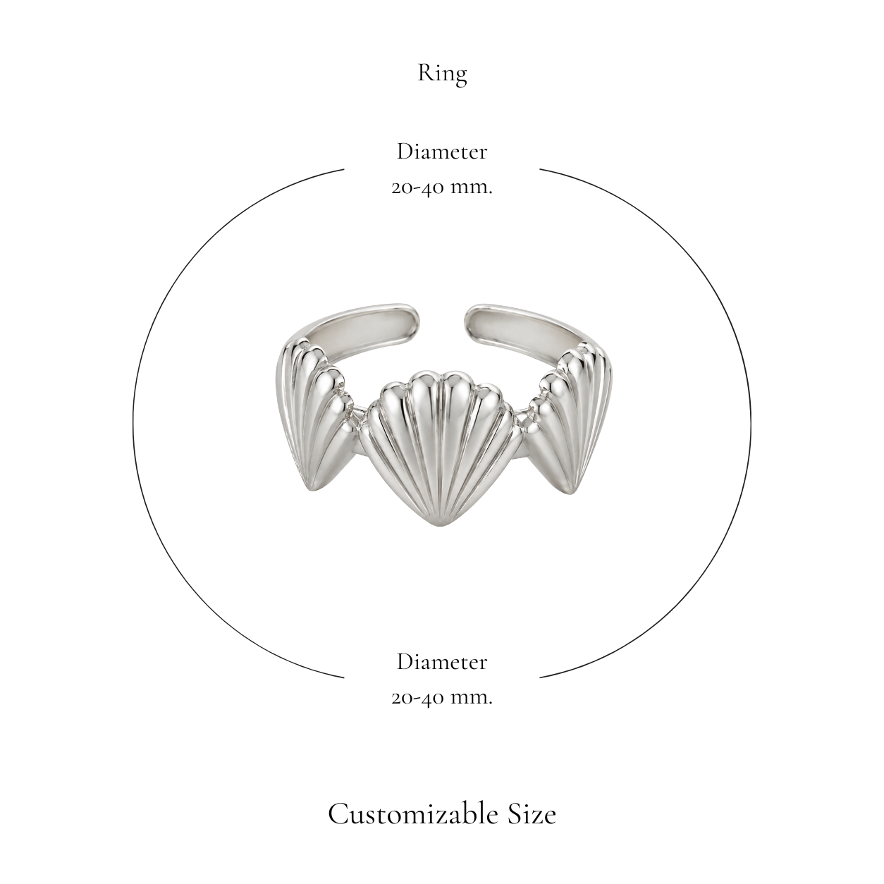 Browniecherry silver triple seashell ring with adjustable diameter of approximately 20 to 40 mm
