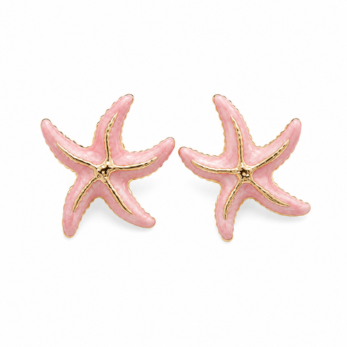 Gold-tone starfish stud earrings with soft pink enamel, coastal beach statement jewelry for women
