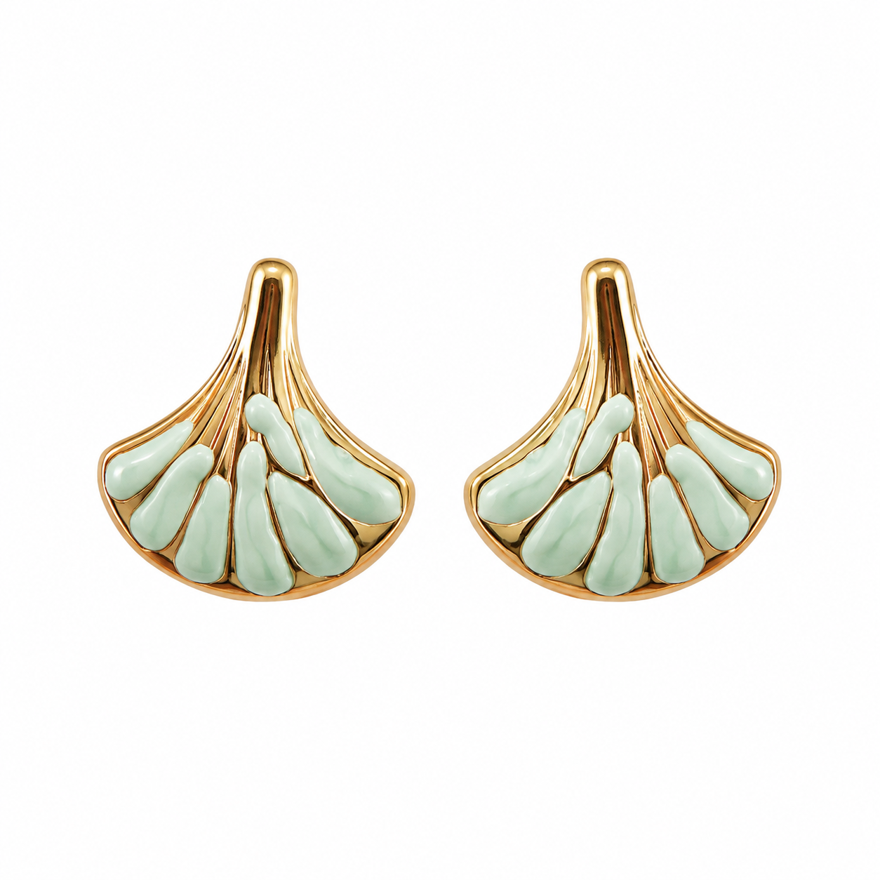 Gold-tone seashell fan stud earrings with soft mint green enamel, coastal statement jewelry
